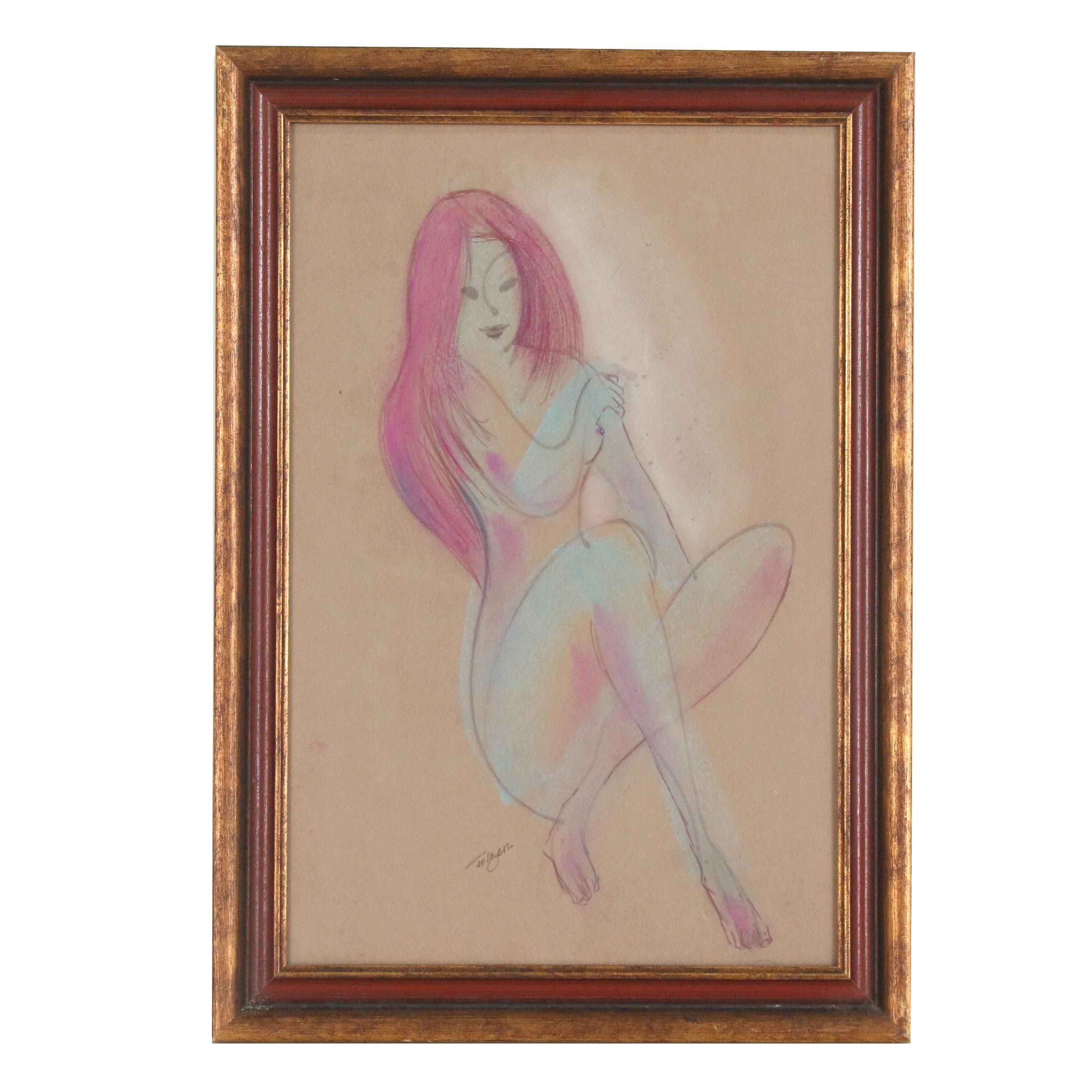 Franklin Folger Figure Pastel Drawing of Seated Female Nude