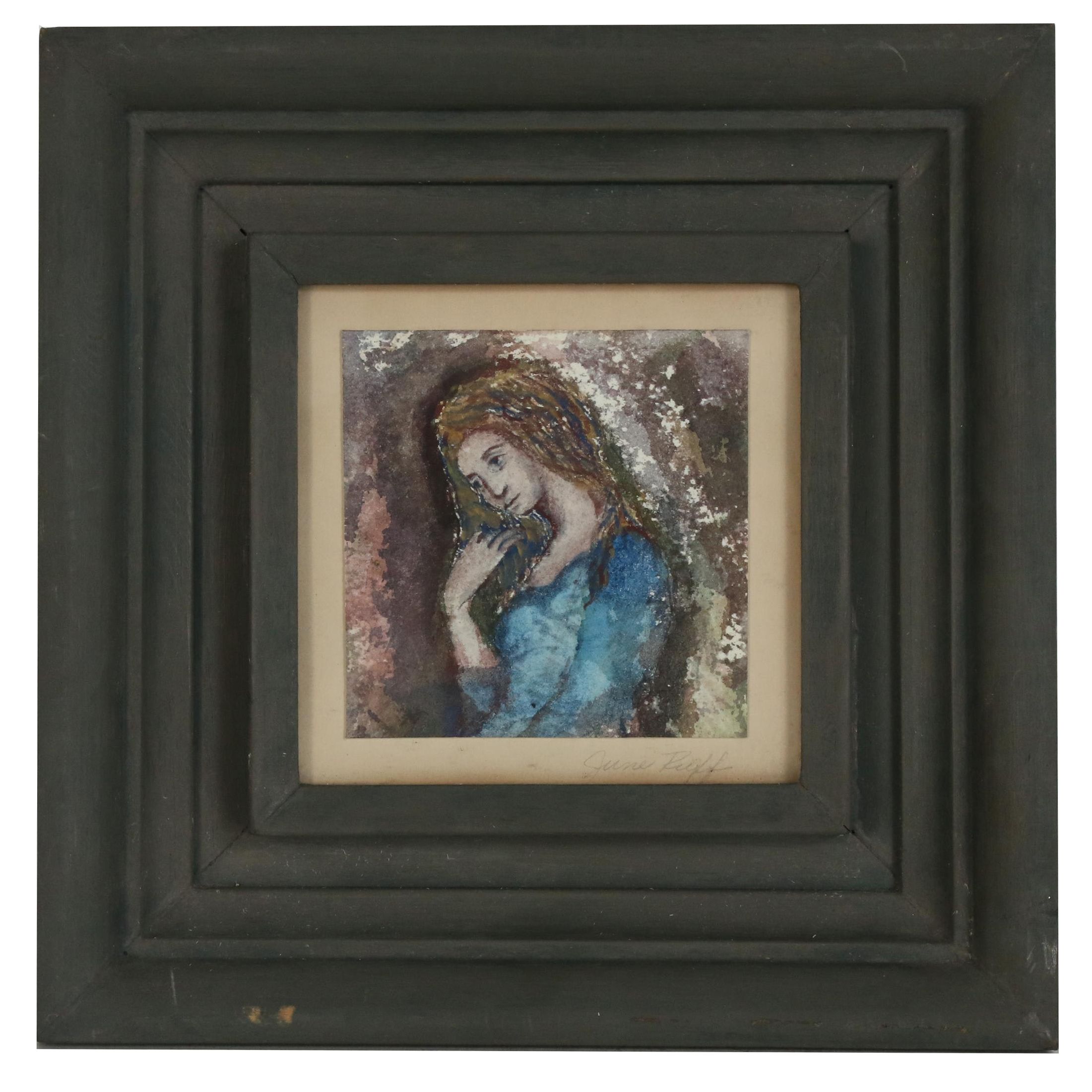 June Ruff Figure Watercolor Painting of Woman in Blue Dress