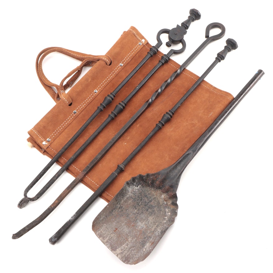 Cast Iron Fireplace Tools and Leather Log Carrier