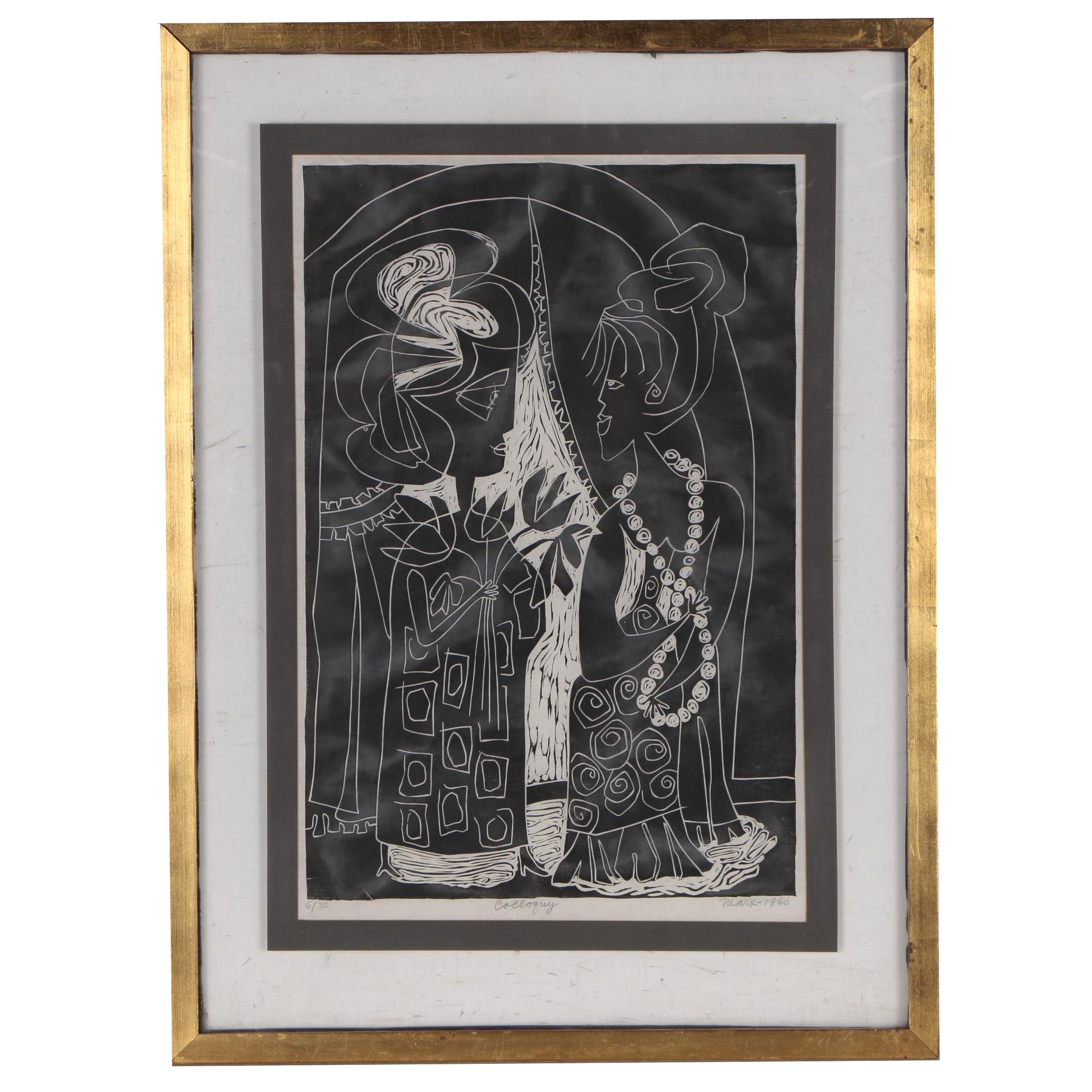 Evelyn Marx Woodcut Print "Colloquy", 1960