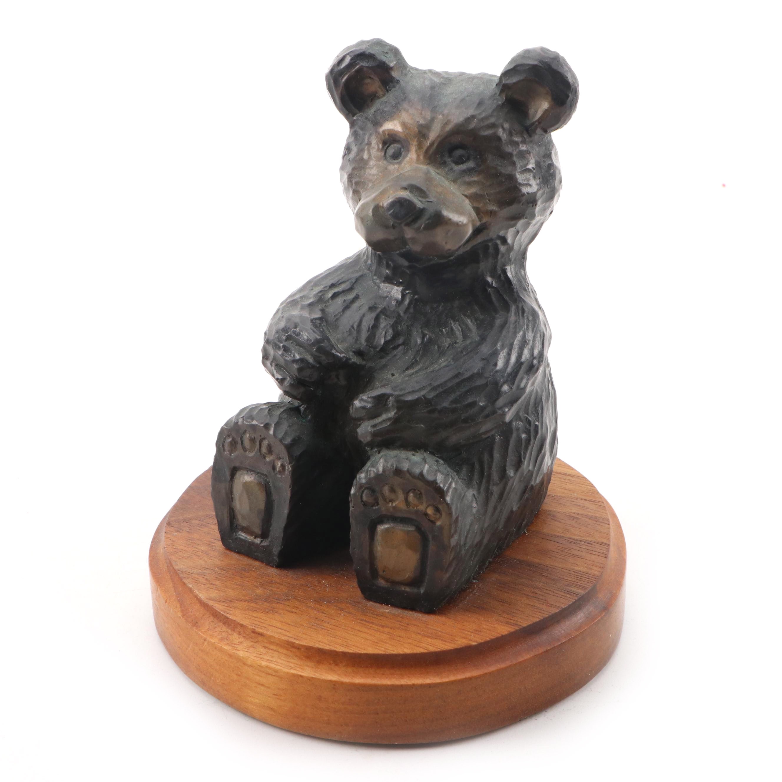 Metal Teddy Bear Figurine on Wooden Base