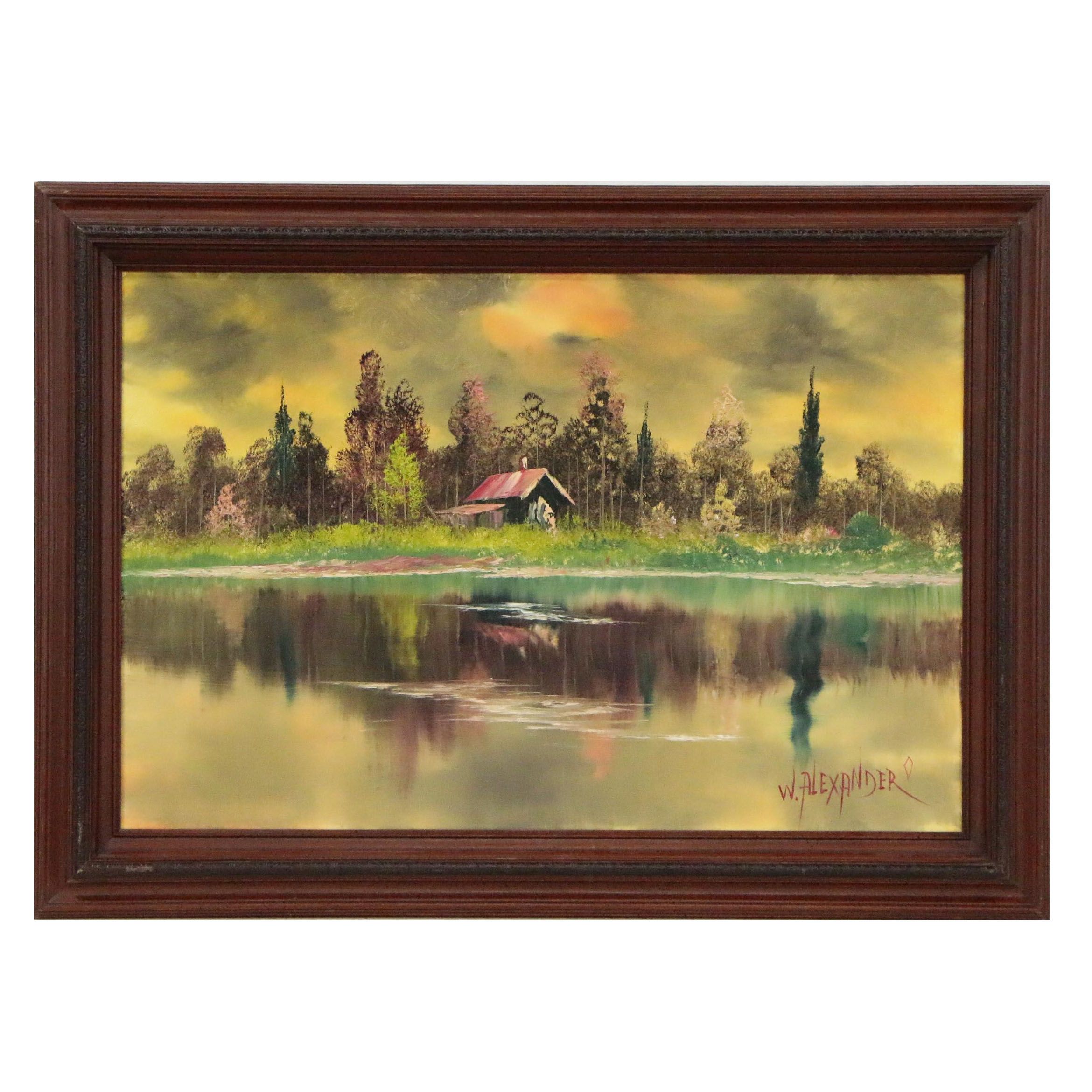 Bill Alexander Oil Painting of Lakeside Cabin, Late 20th Century