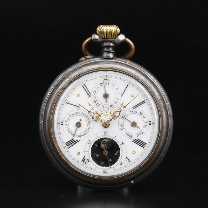 Antique Swiss Triple Calendar Moon Phase Gunmetal Pocket Watch