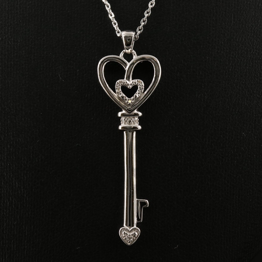 Sterling Silver Diamond Heart Key Pendant Necklace