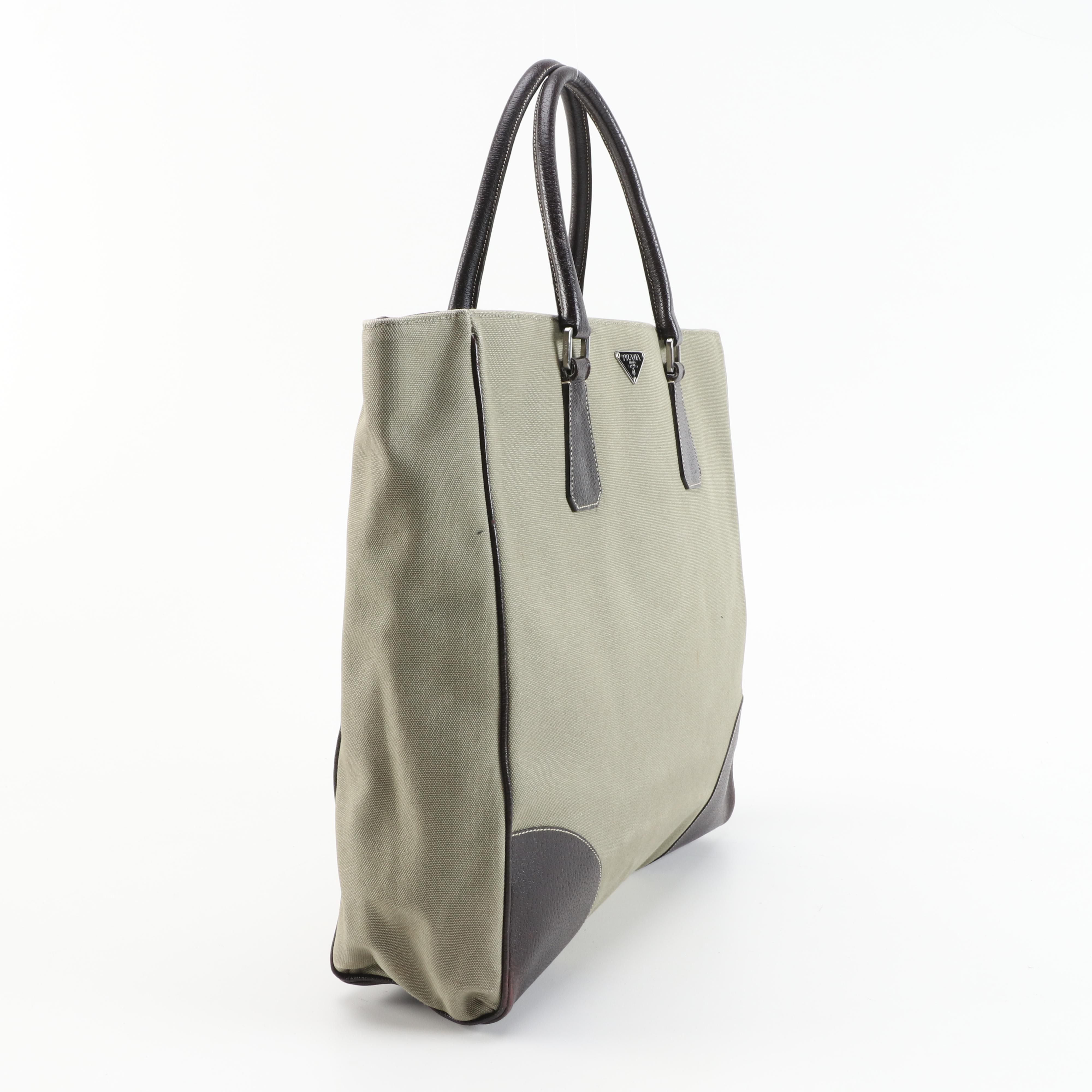 Prada Sage Green Canvas and Dark Brown Leather Tote with Contrast Stitching