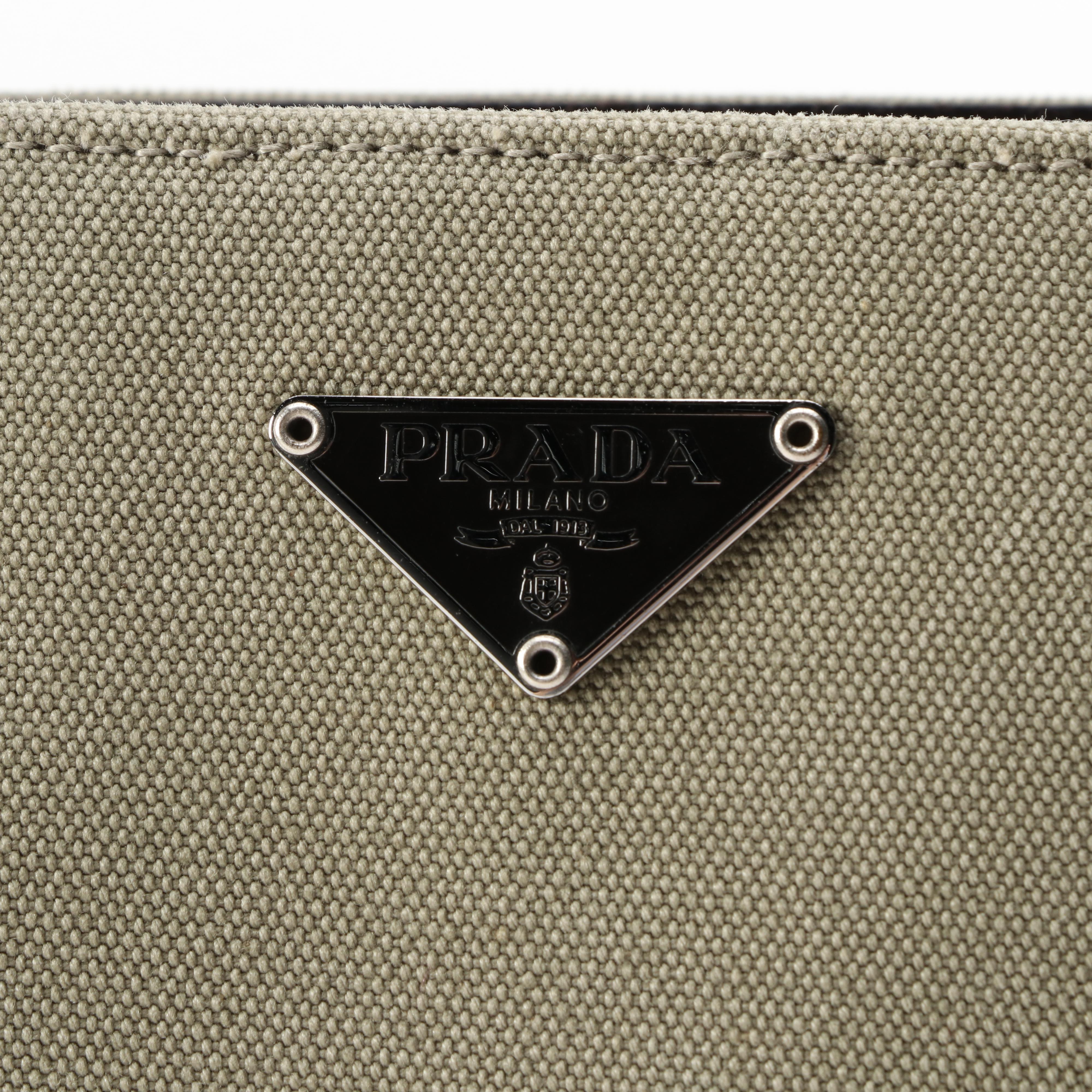 Prada Sage Green Canvas and Dark Brown Leather Tote with Contrast Stitching