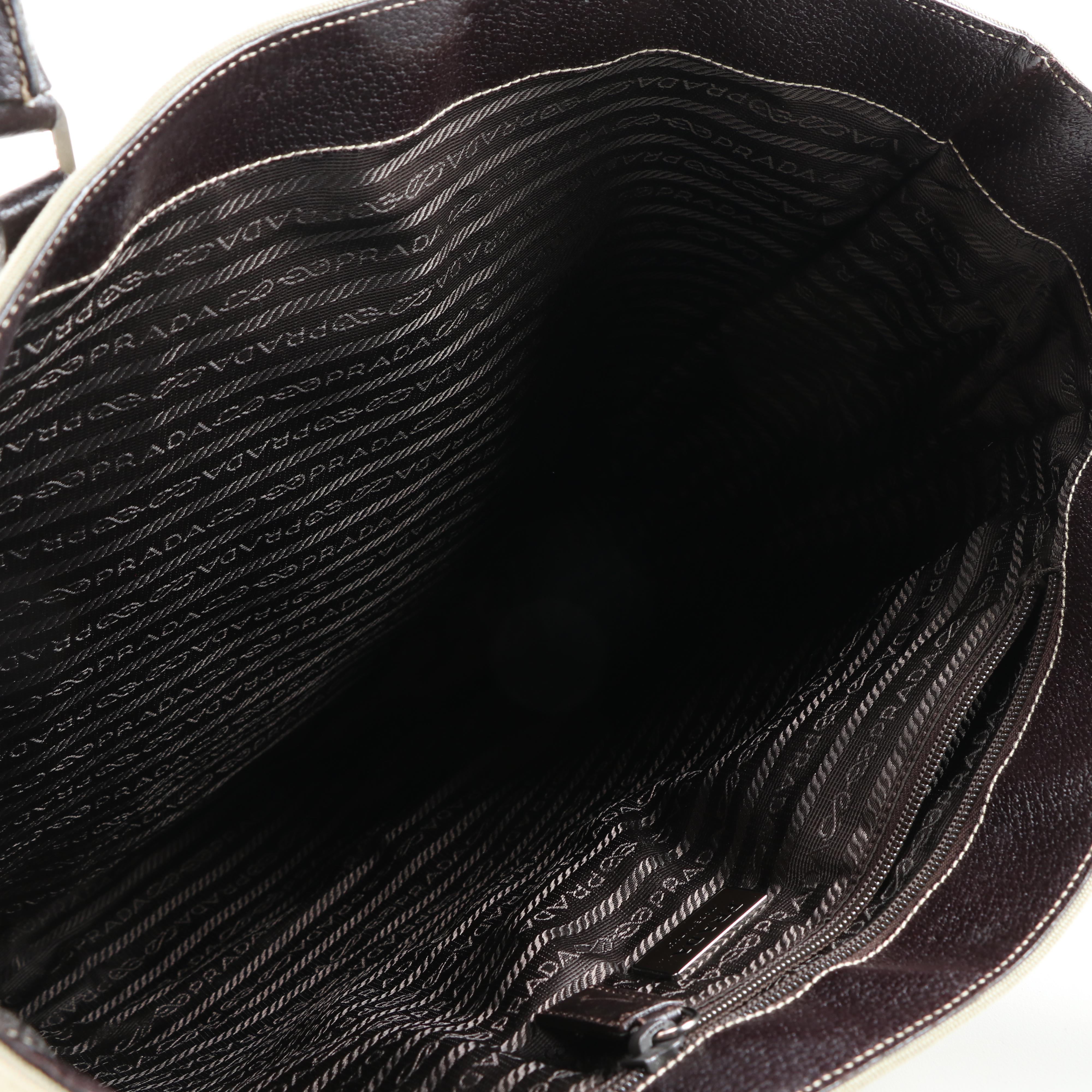 Prada Sage Green Canvas and Dark Brown Leather Tote with Contrast Stitching