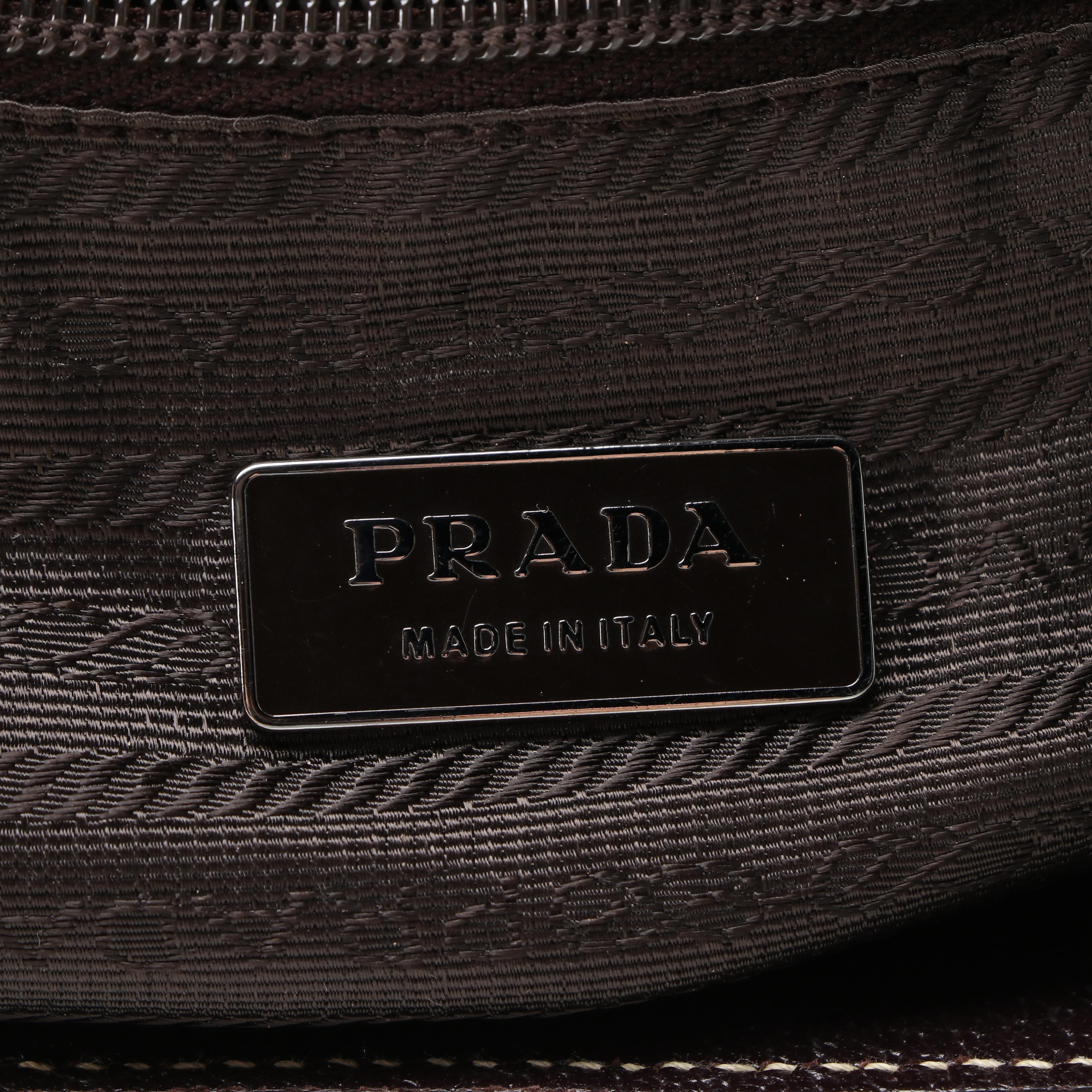 Prada Sage Green Canvas and Dark Brown Leather Tote with Contrast Stitching
