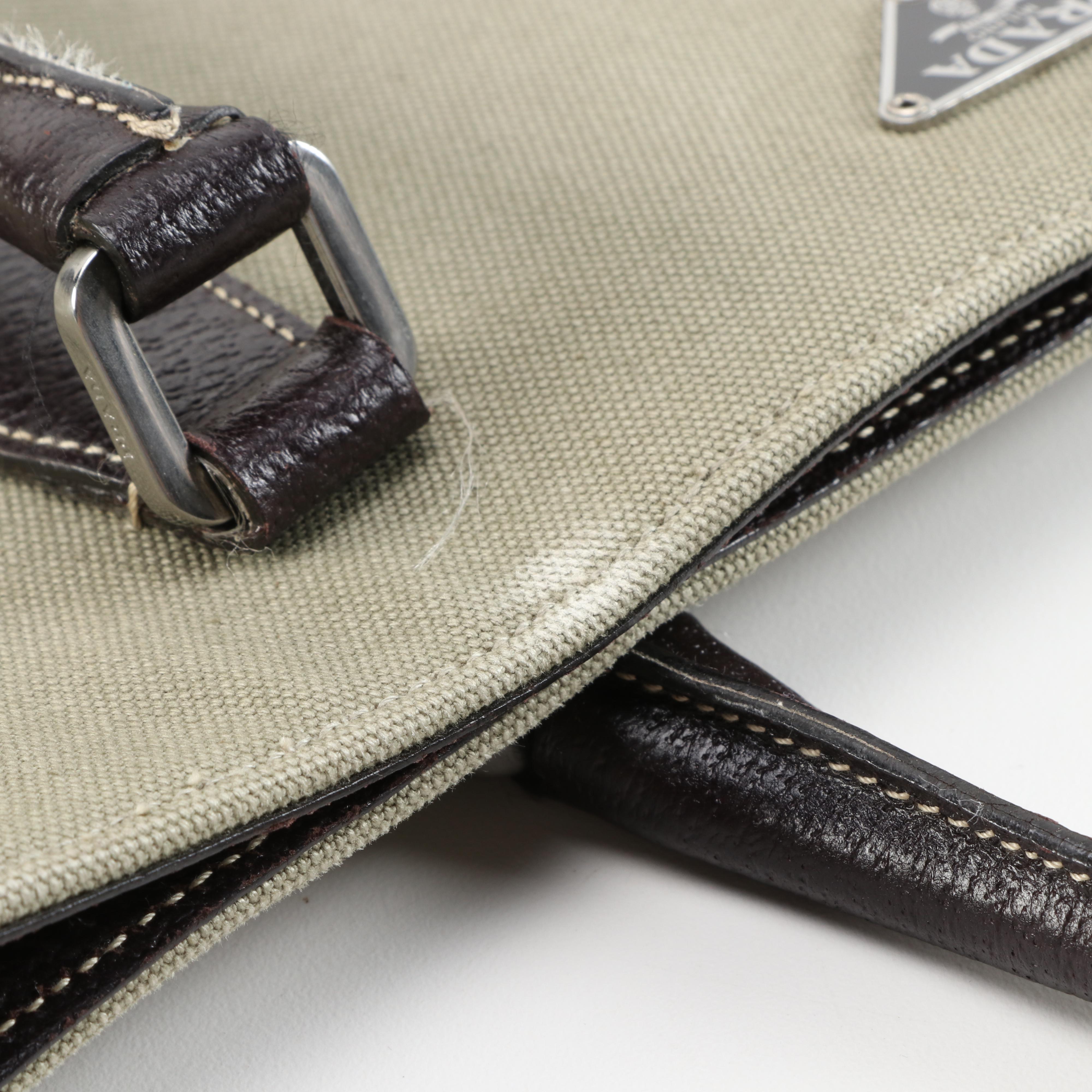 Prada Sage Green Canvas and Dark Brown Leather Tote with Contrast Stitching