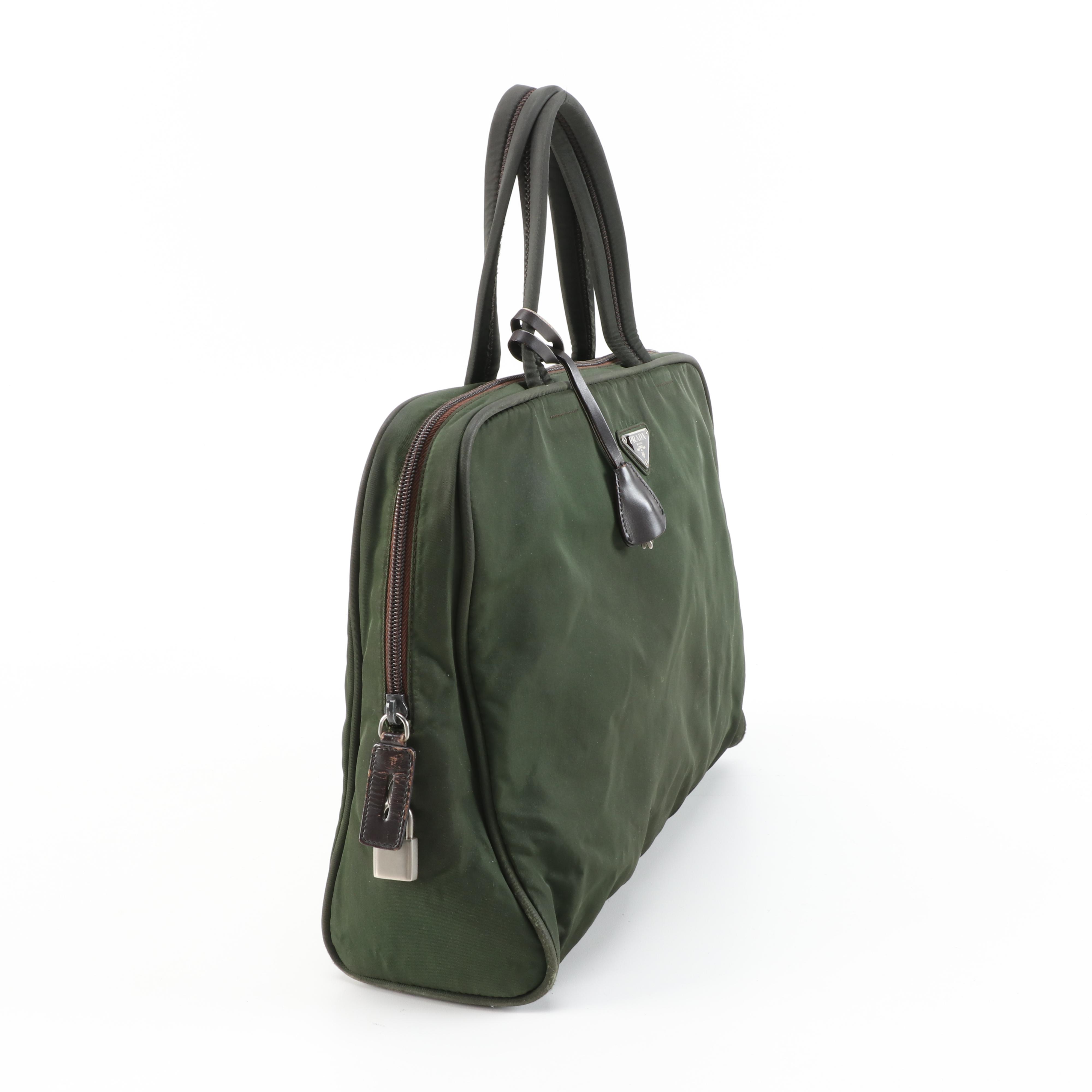 Prada Green Nylon Tessuto and Dark Brown Leather Handbag
