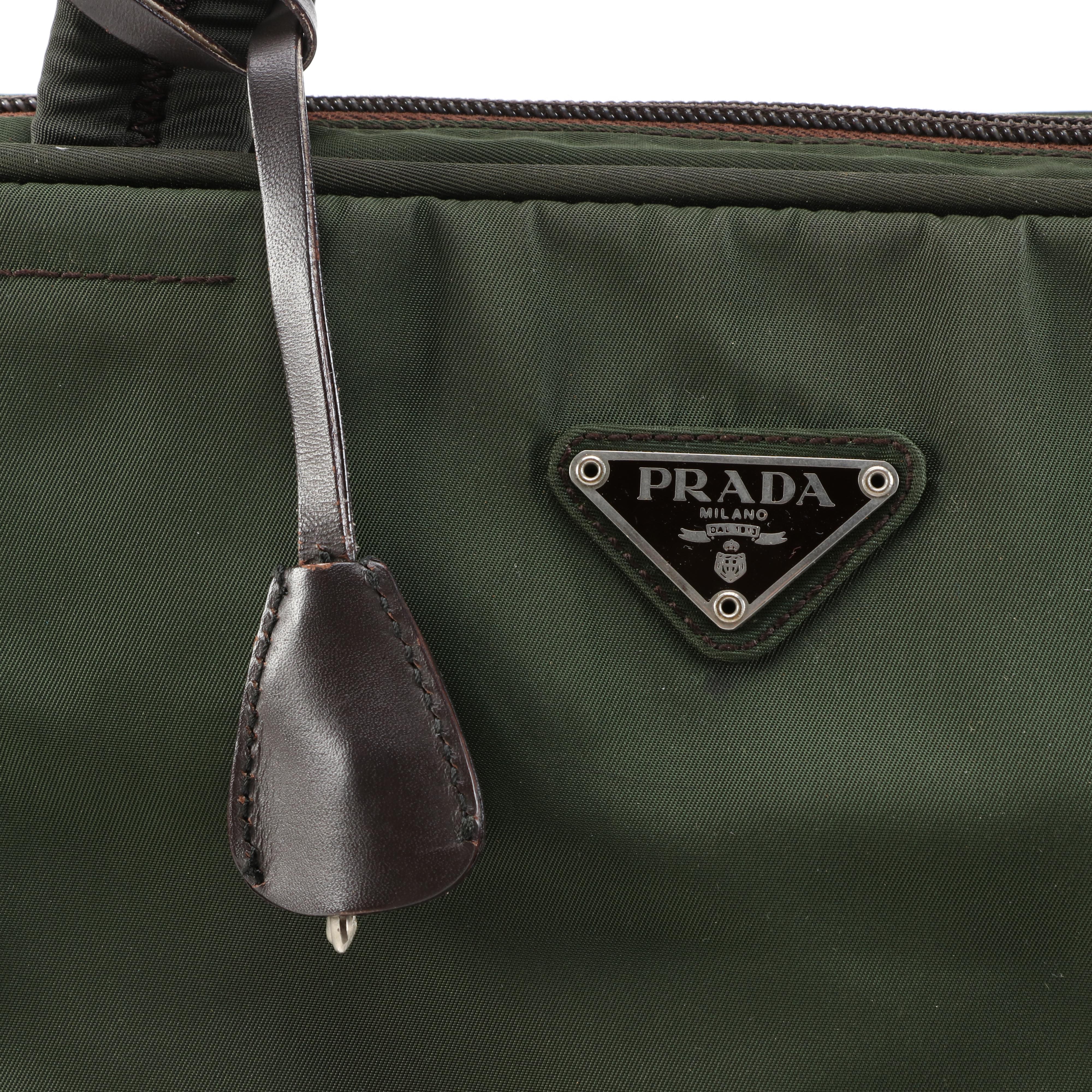 Prada Green Nylon Tessuto and Dark Brown Leather Handbag
