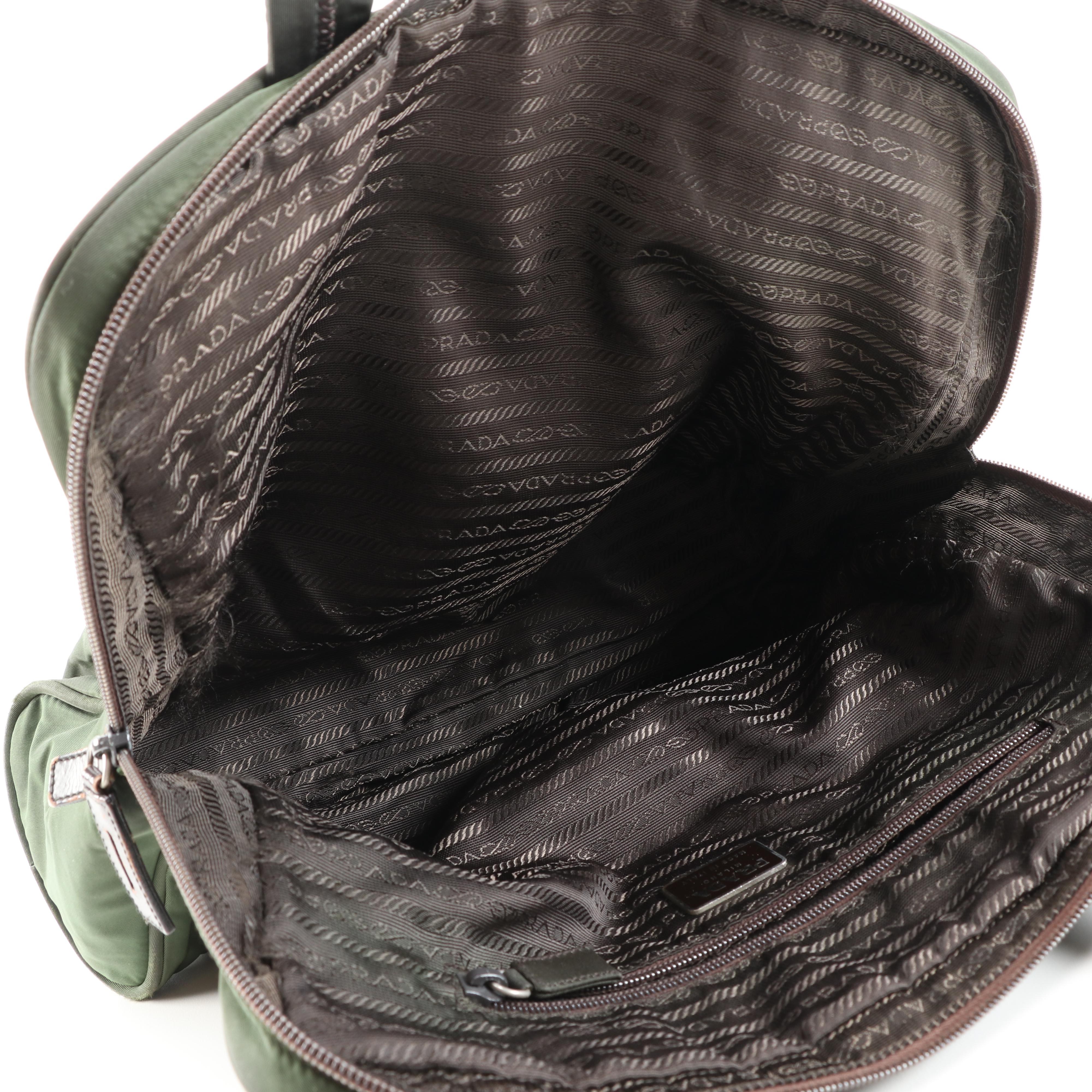 Prada Green Nylon Tessuto and Dark Brown Leather Handbag