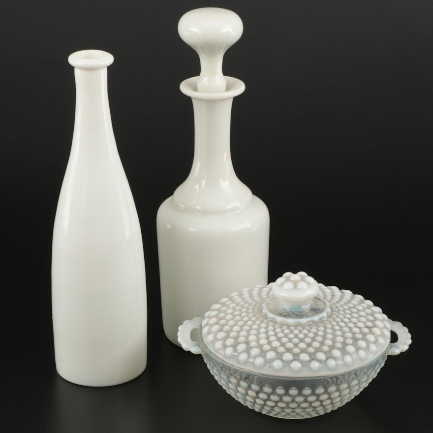 Hobnail Candy Bowl with Milk Glass Decanter and Bottle, Mid-20th Century