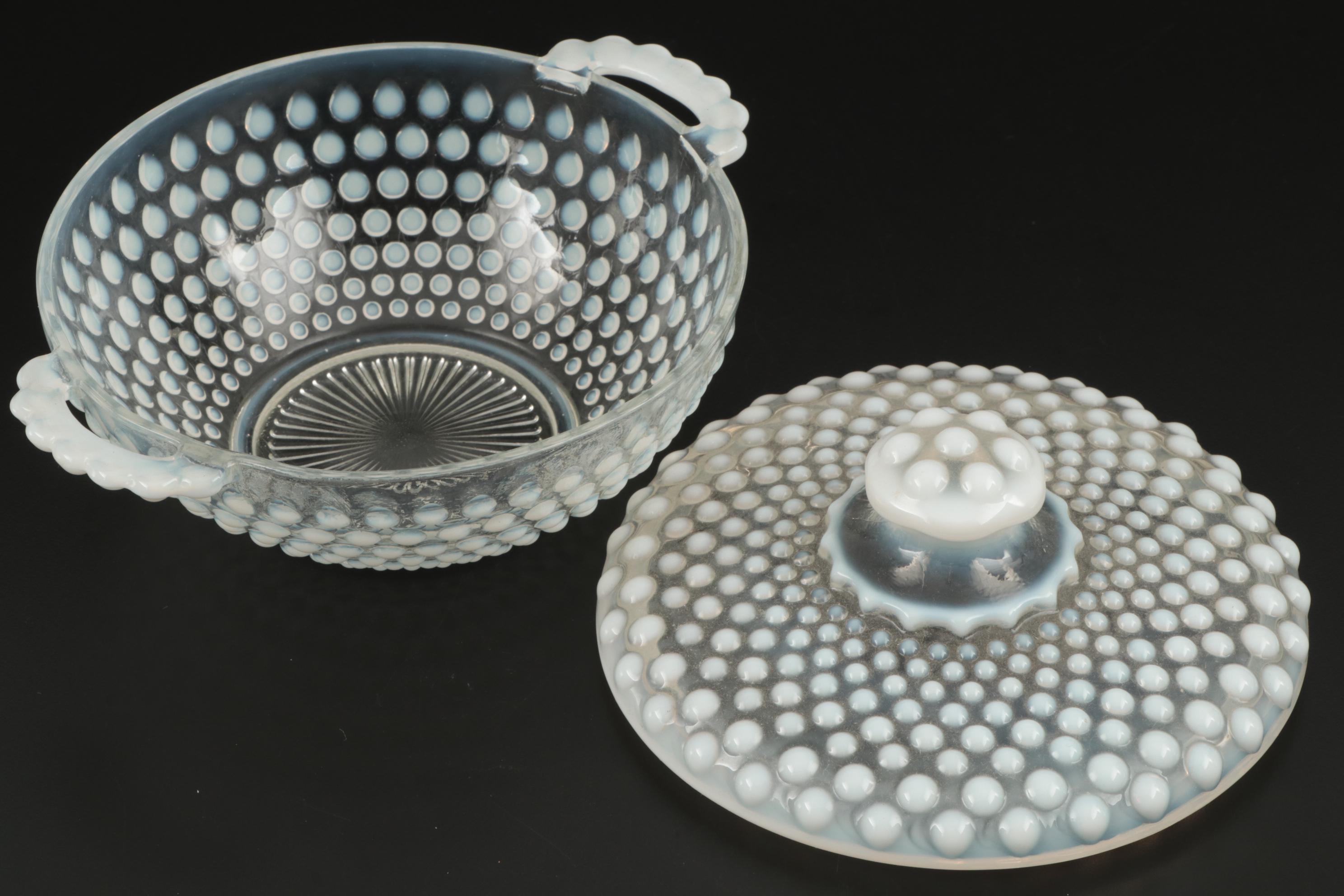 Hobnail Candy Bowl with Milk Glass Decanter and Bottle, Mid-20th Century