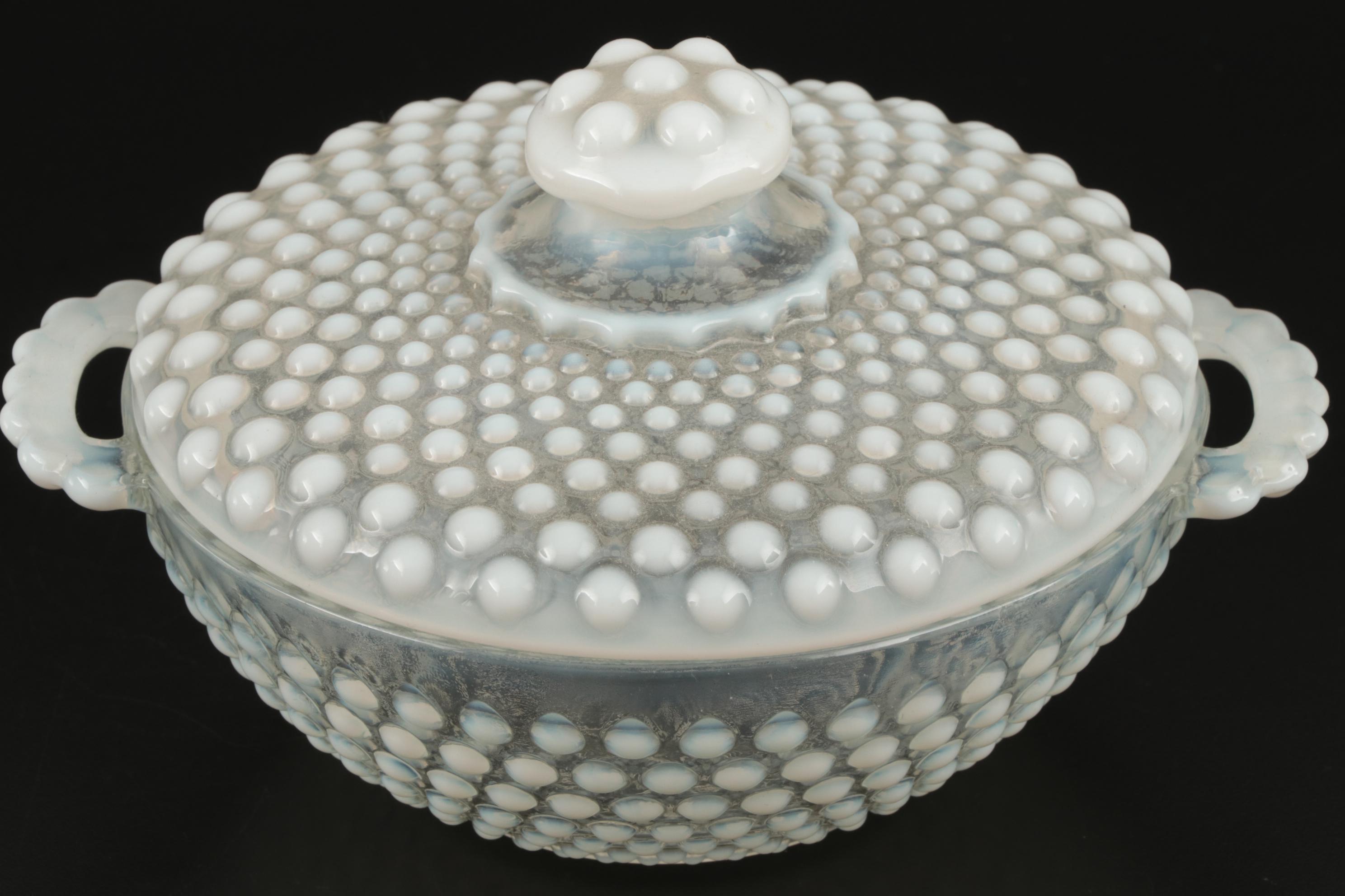Hobnail Candy Bowl with Milk Glass Decanter and Bottle, Mid-20th Century