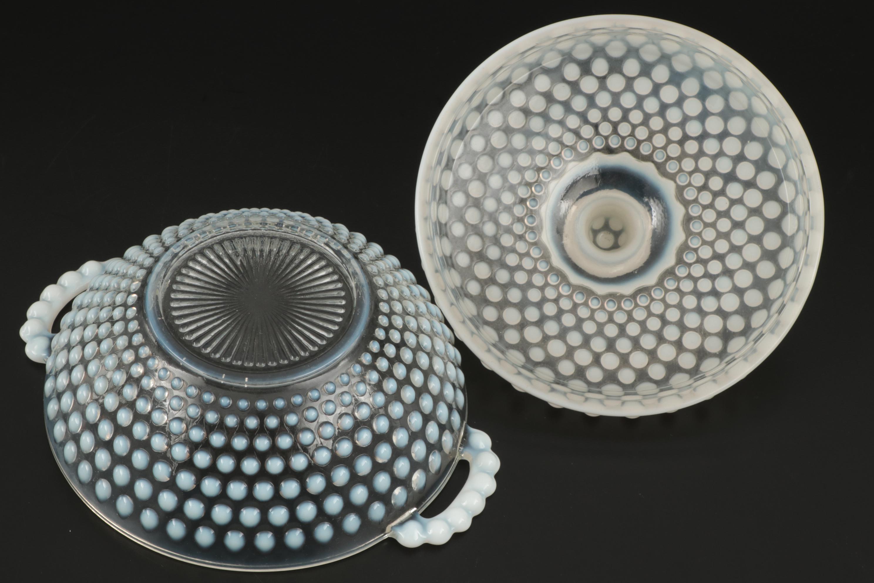 Hobnail Candy Bowl with Milk Glass Decanter and Bottle, Mid-20th Century