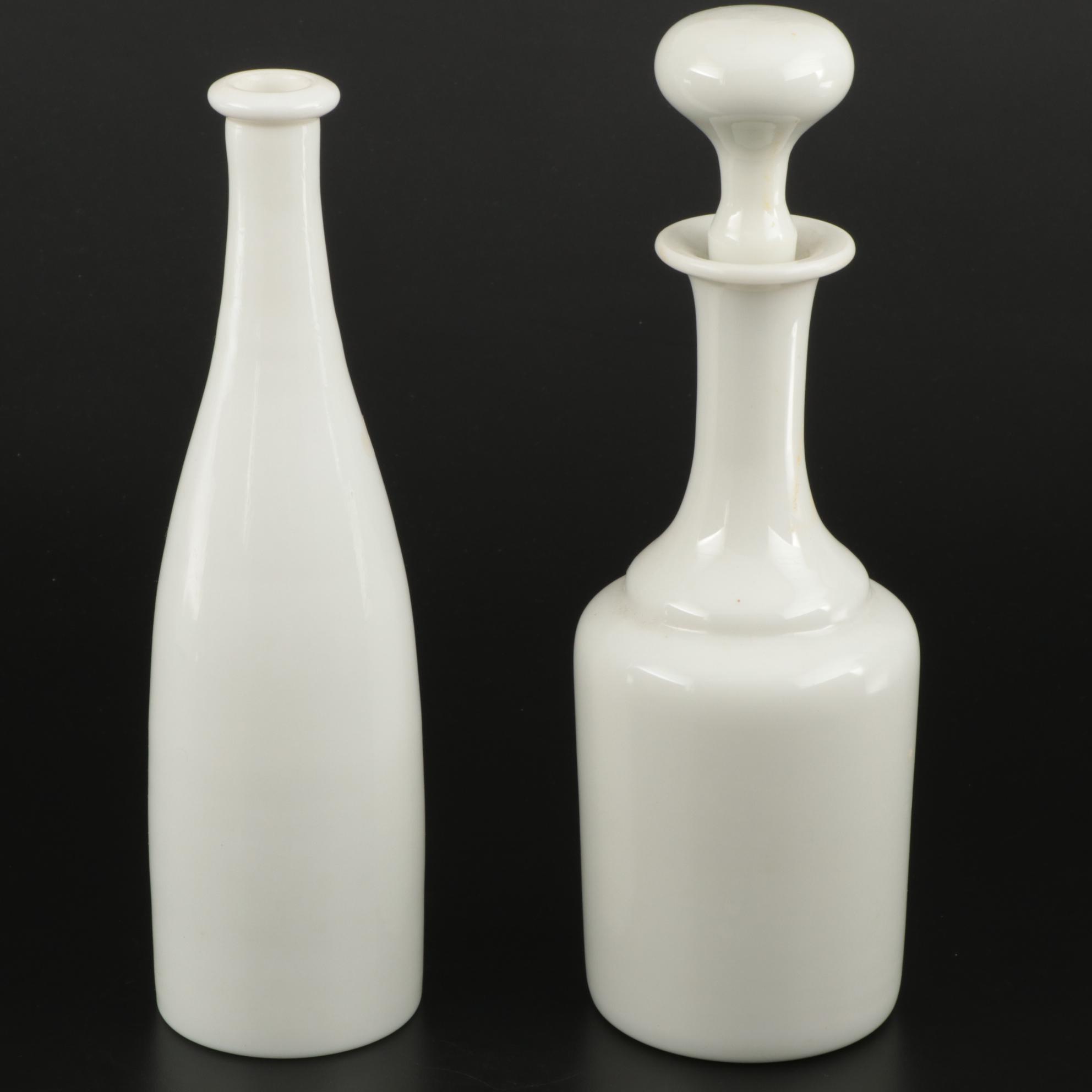 Hobnail Candy Bowl with Milk Glass Decanter and Bottle, Mid-20th Century