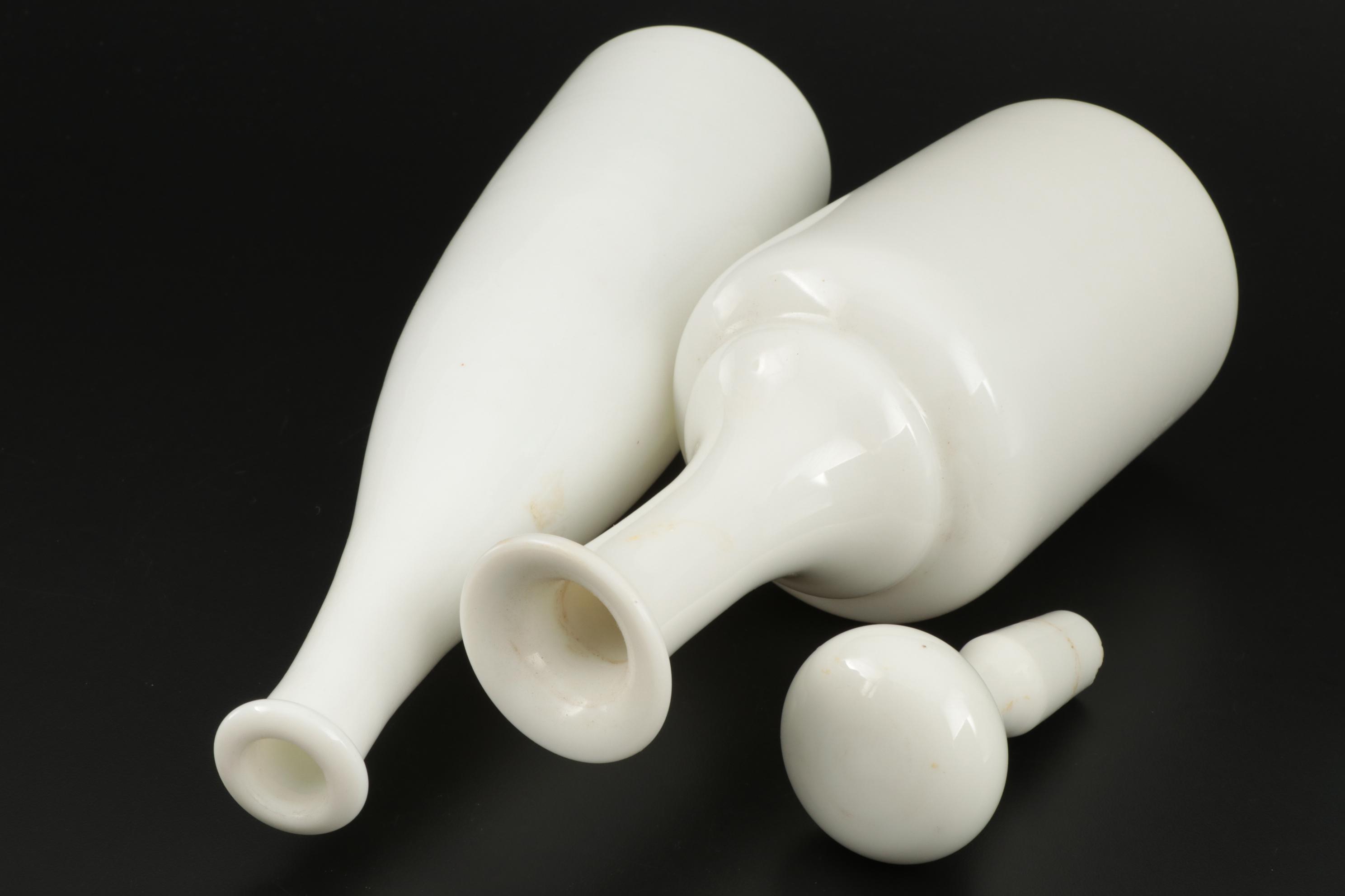 Hobnail Candy Bowl with Milk Glass Decanter and Bottle, Mid-20th Century