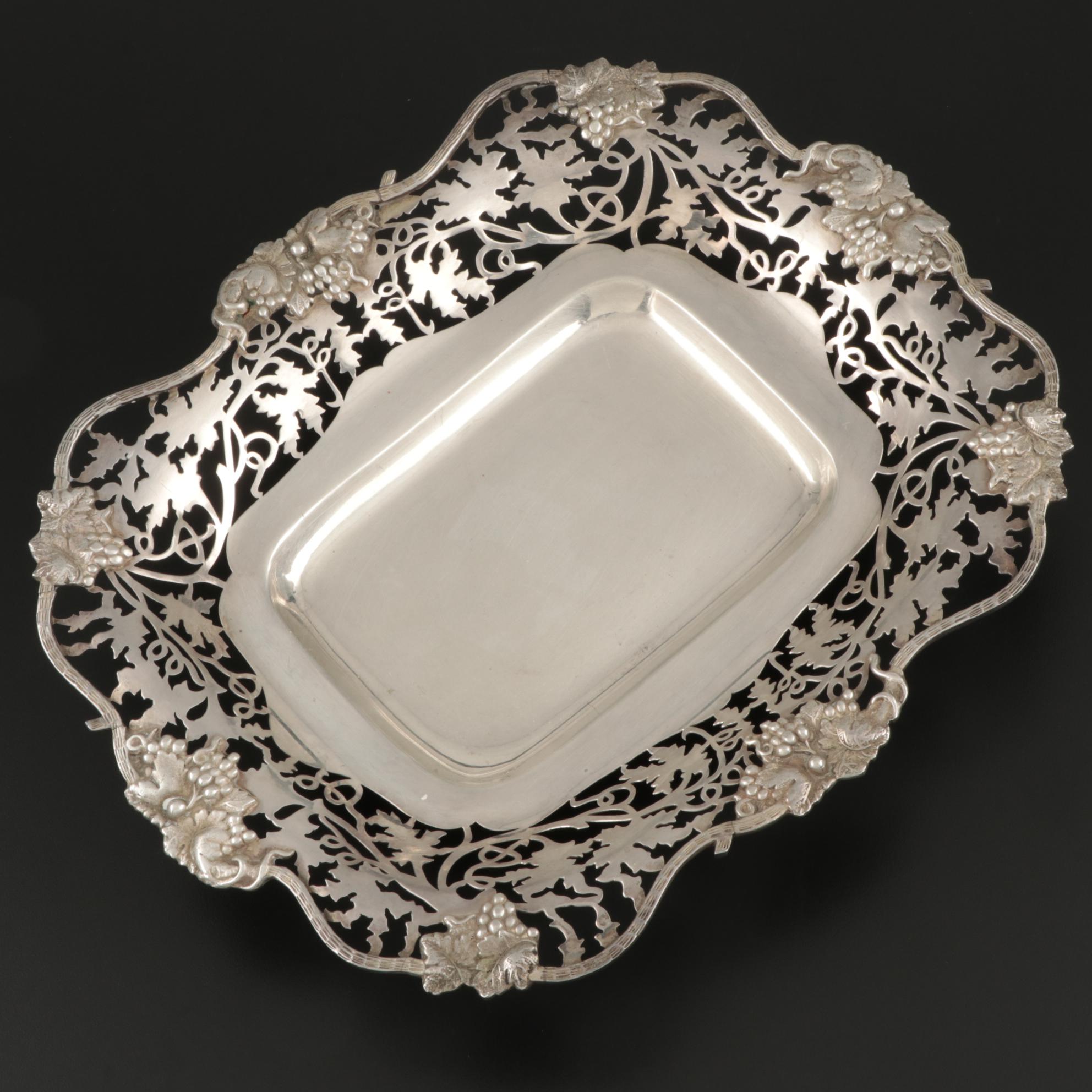 Egyptian 900 Silver Tray with Openwork Grapevine Rim, Mid-20th Century