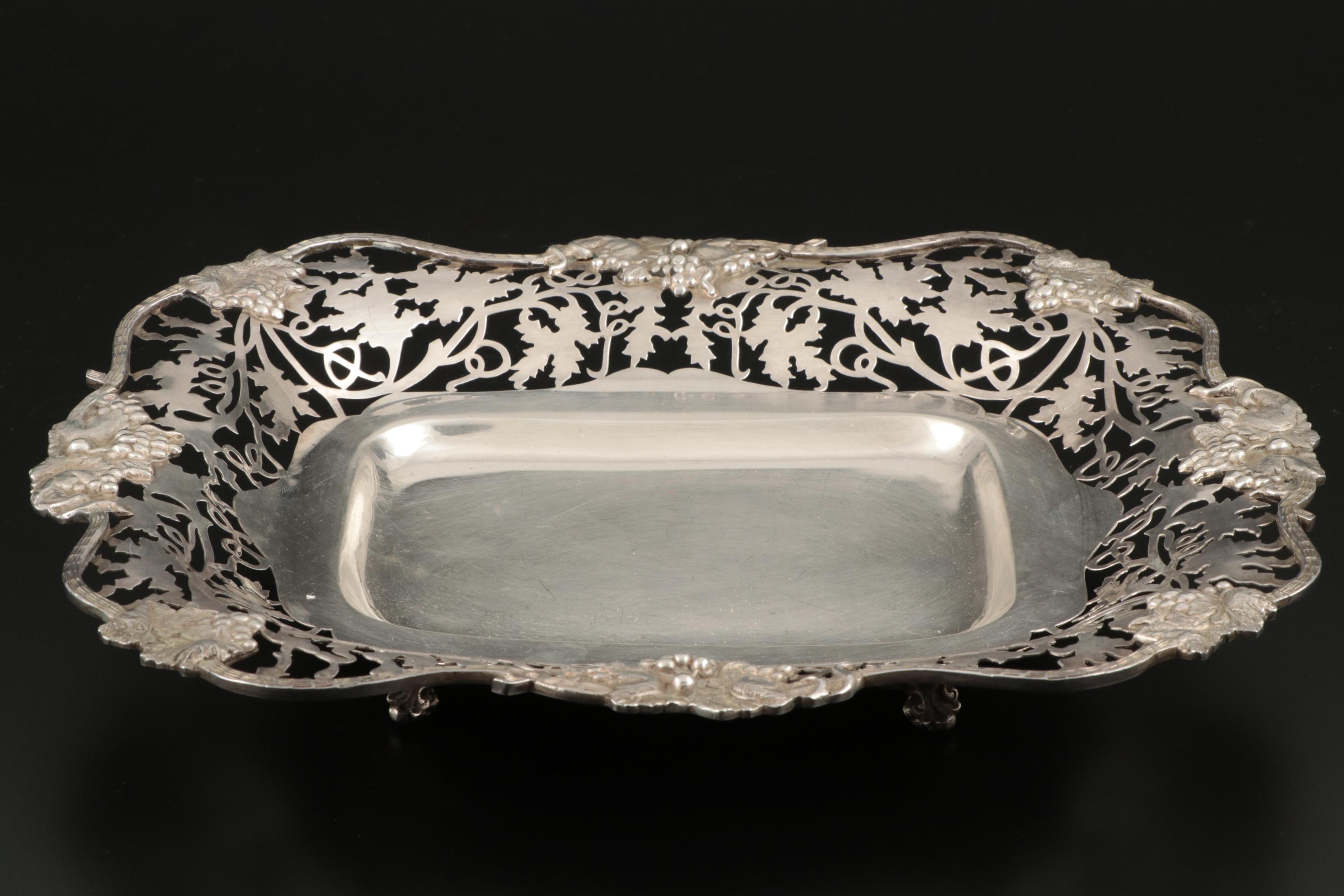 Egyptian 900 Silver Tray with Openwork Grapevine Rim, Mid-20th Century