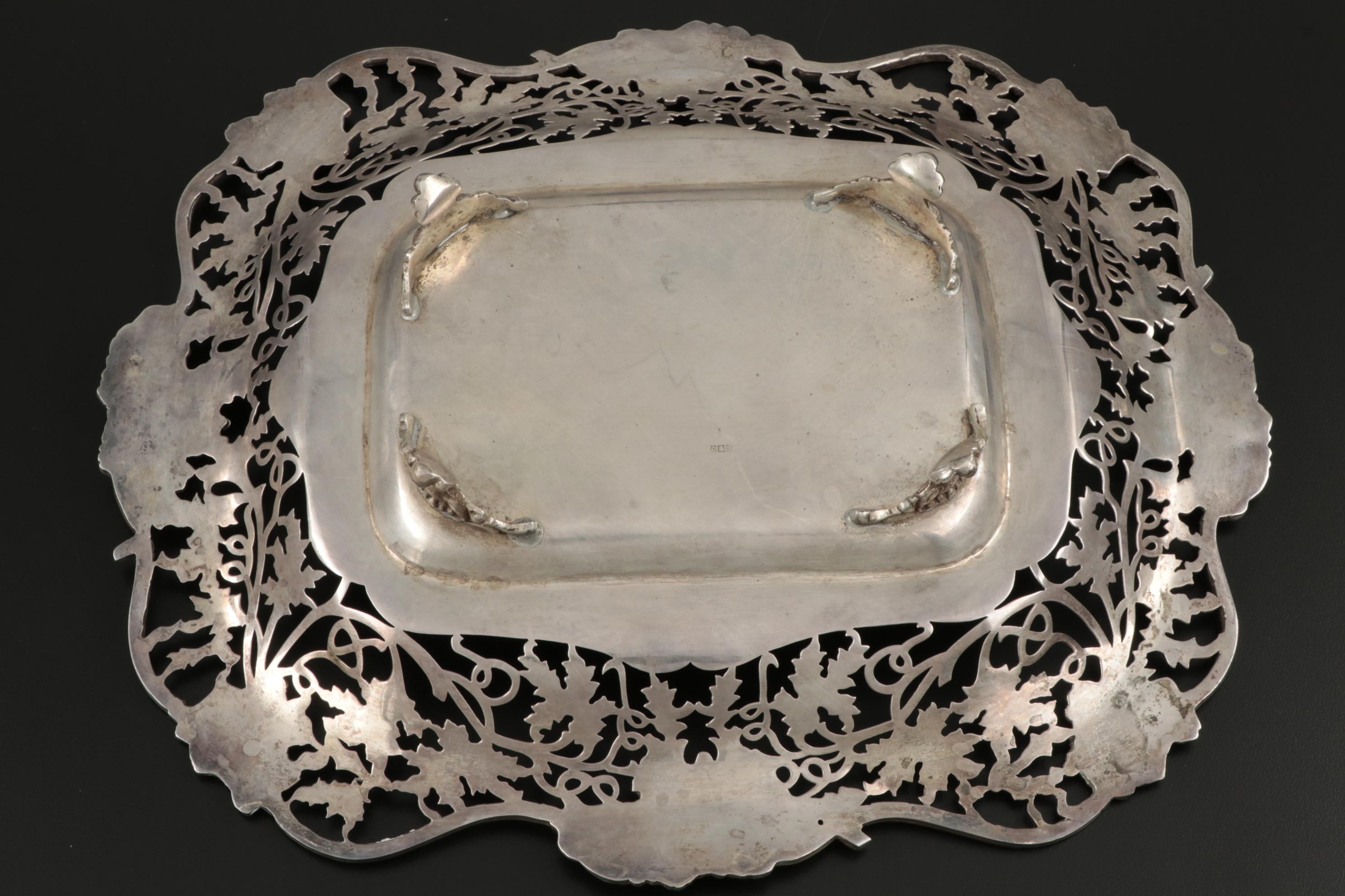 Egyptian 900 Silver Tray with Openwork Grapevine Rim, Mid-20th Century