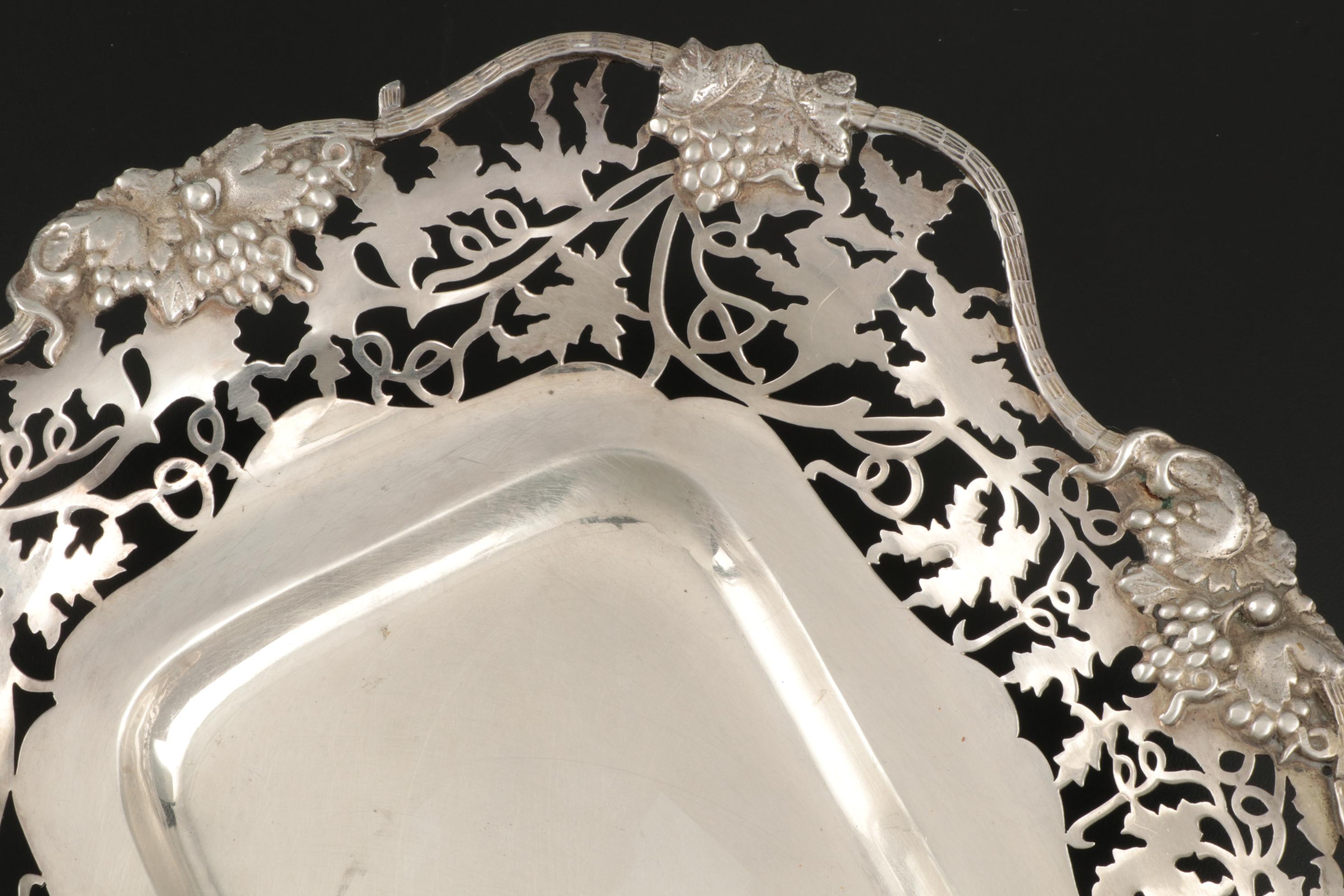 Egyptian 900 Silver Tray with Openwork Grapevine Rim, Mid-20th Century