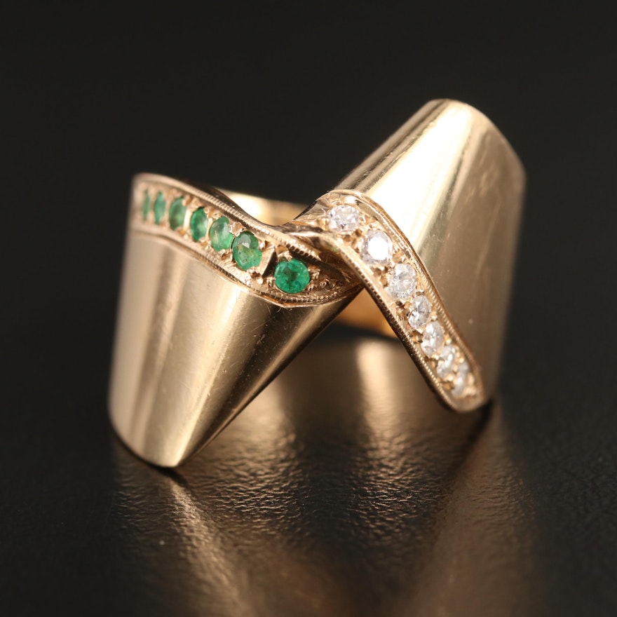 14K Emerald and Diamond Twist Motif Ring