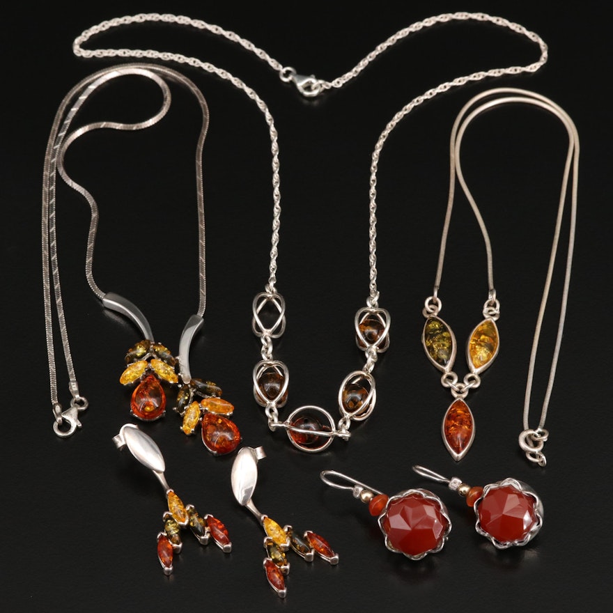 Sterling Silver Necklaces and Earrings with Carnelian, Amber and Agate