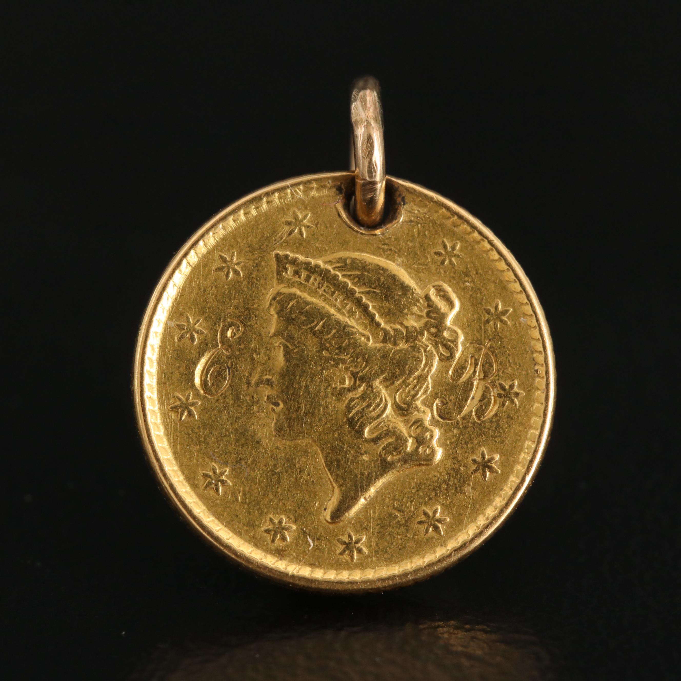 14K Pendant with 22K Monogrammed 1852 Liberty Head Gold Dollar Coin