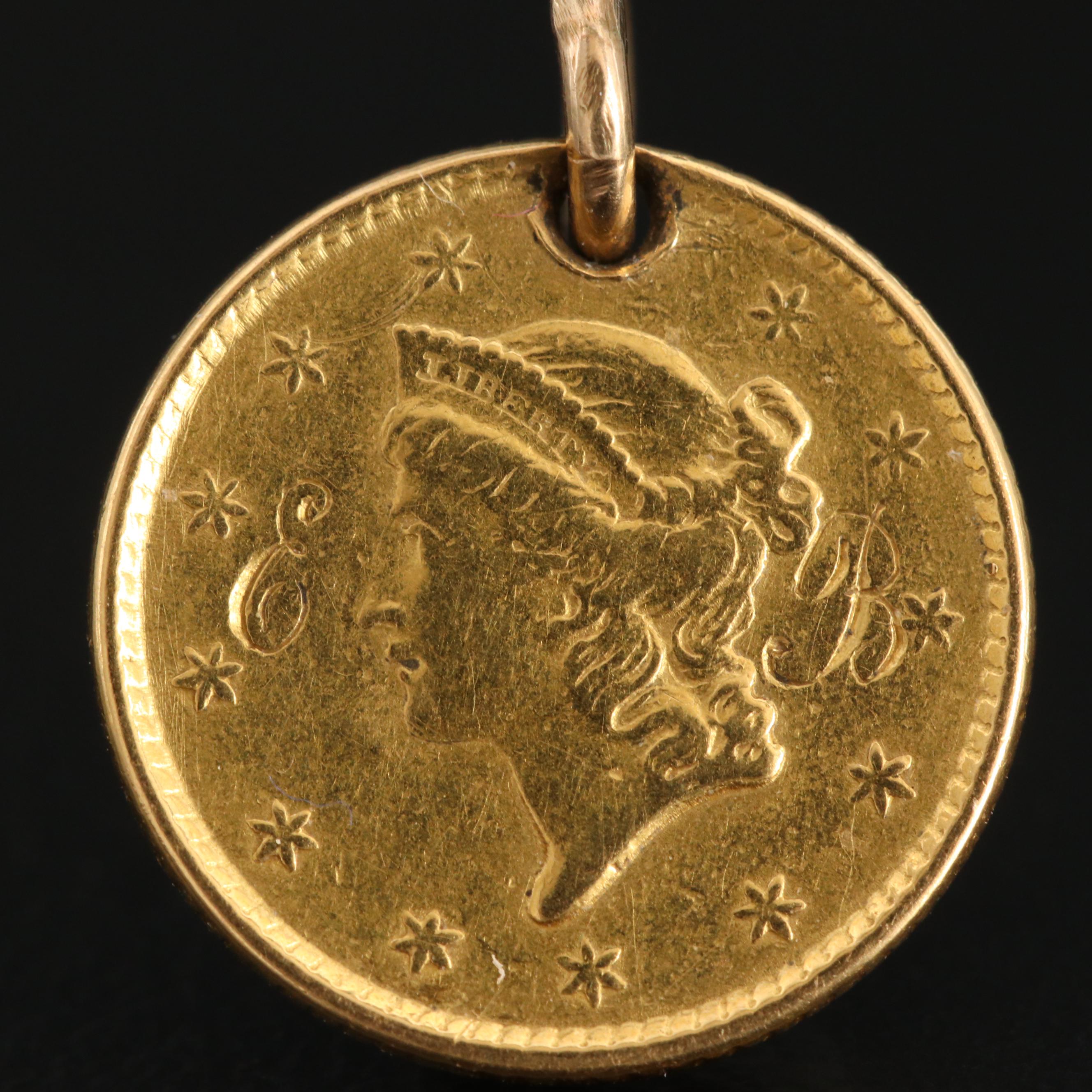 14K Pendant with 22K Monogrammed 1852 Liberty Head Gold Dollar Coin