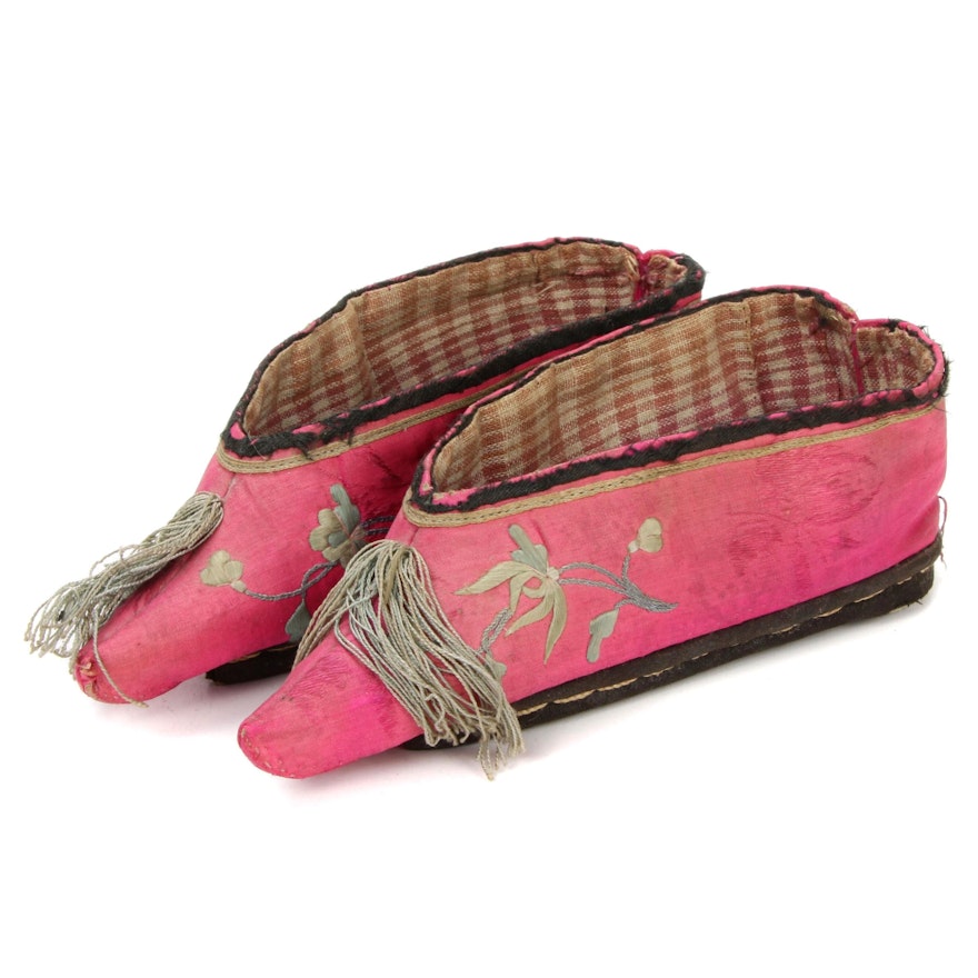 Chinese Silk Hand Embroidered Lotus Shoes, Early 20th Century