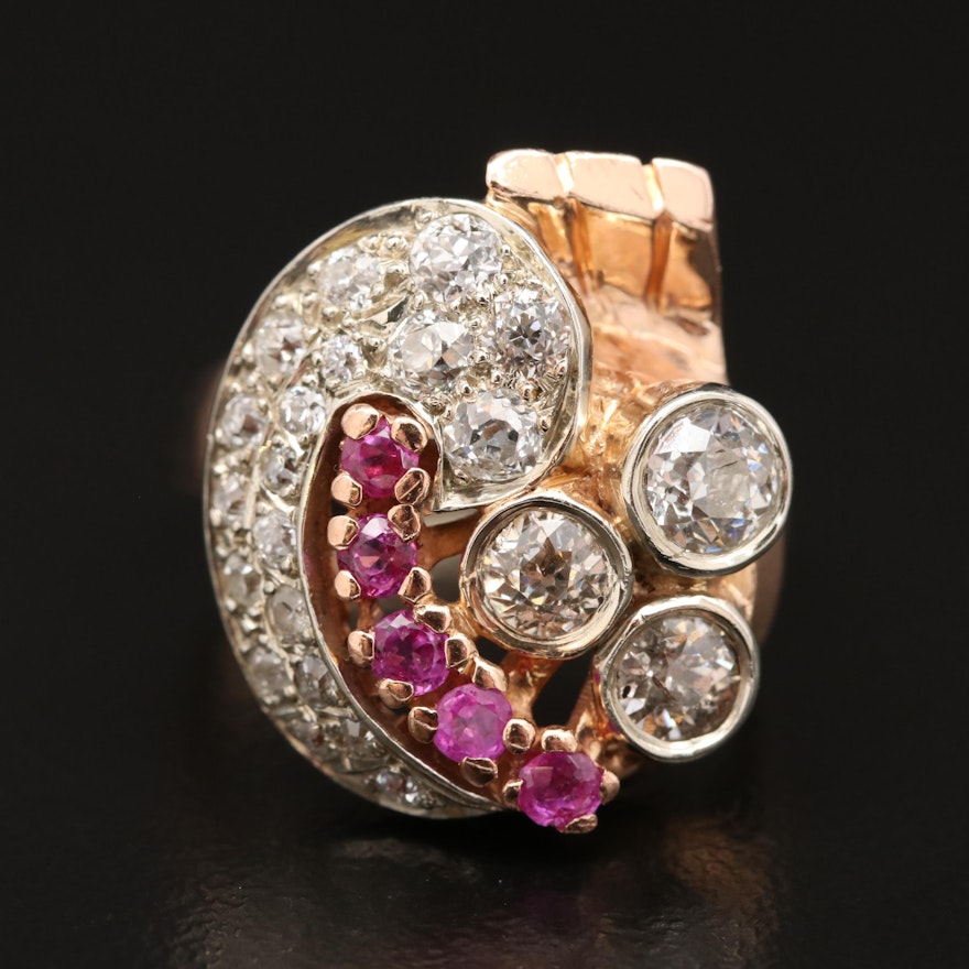 Circa 1940 14K Rose Gold 1.35 CTW Diamond and Ruby Ring