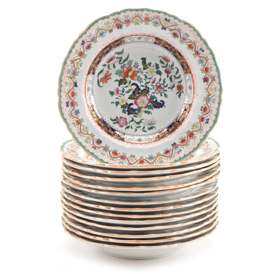 Mason's Chinoiserie Hand-Colored Transferware Ironstone Rimmed Soup Bowls