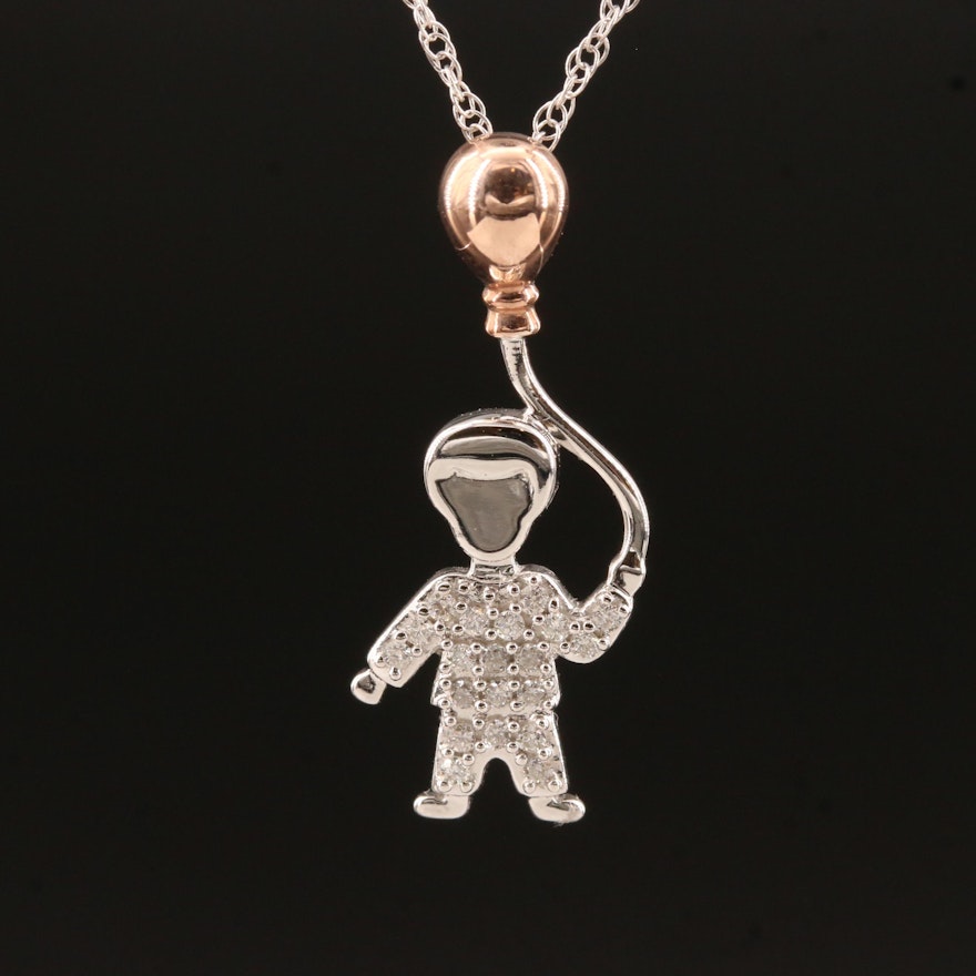 14K Diamond Pendant Necklace Featuring Child Holding Balloon