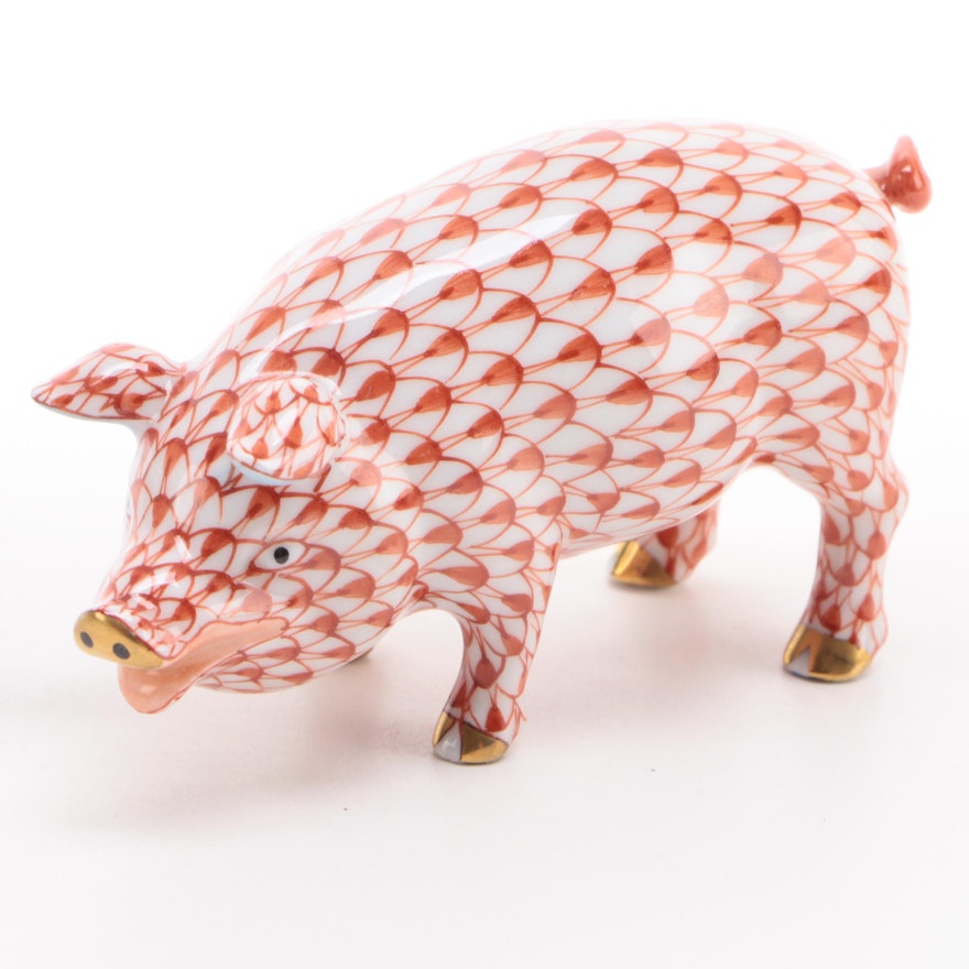 Herend Rust Fishnet with Gold "Pig" Porcelain Figurine