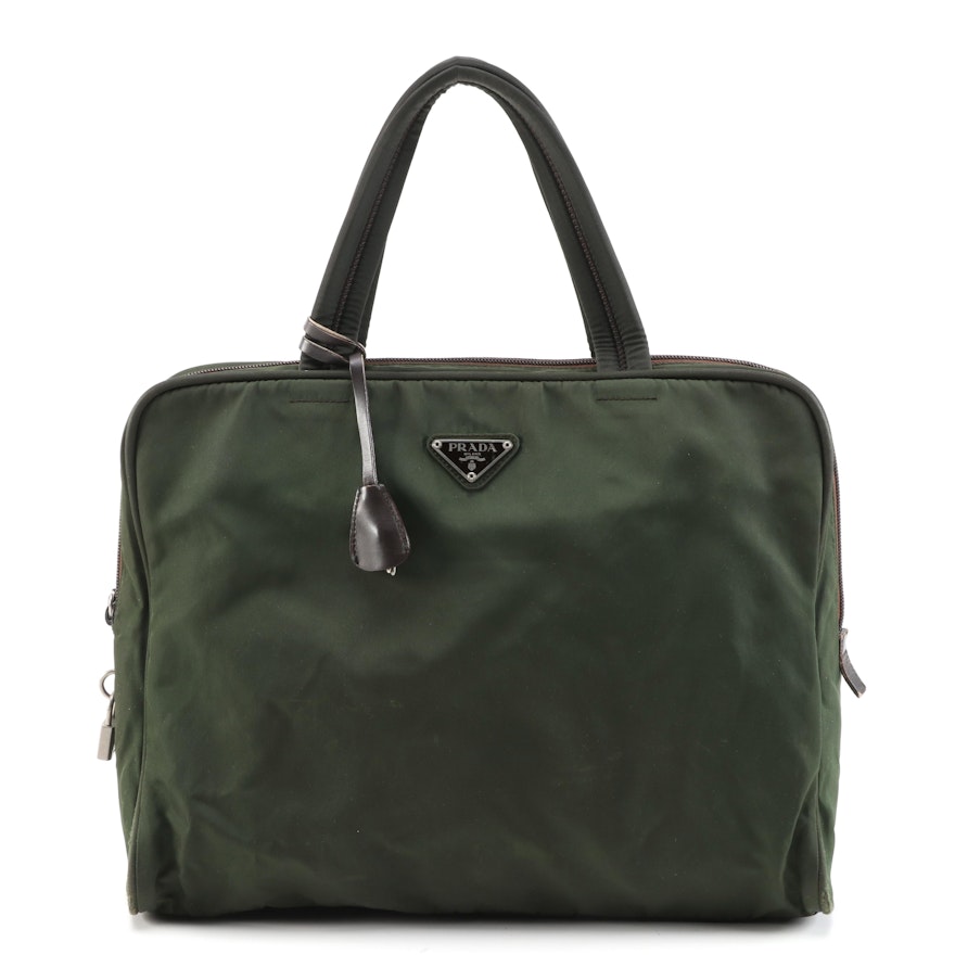 Prada Green Nylon Tessuto and Dark Brown Leather Handbag