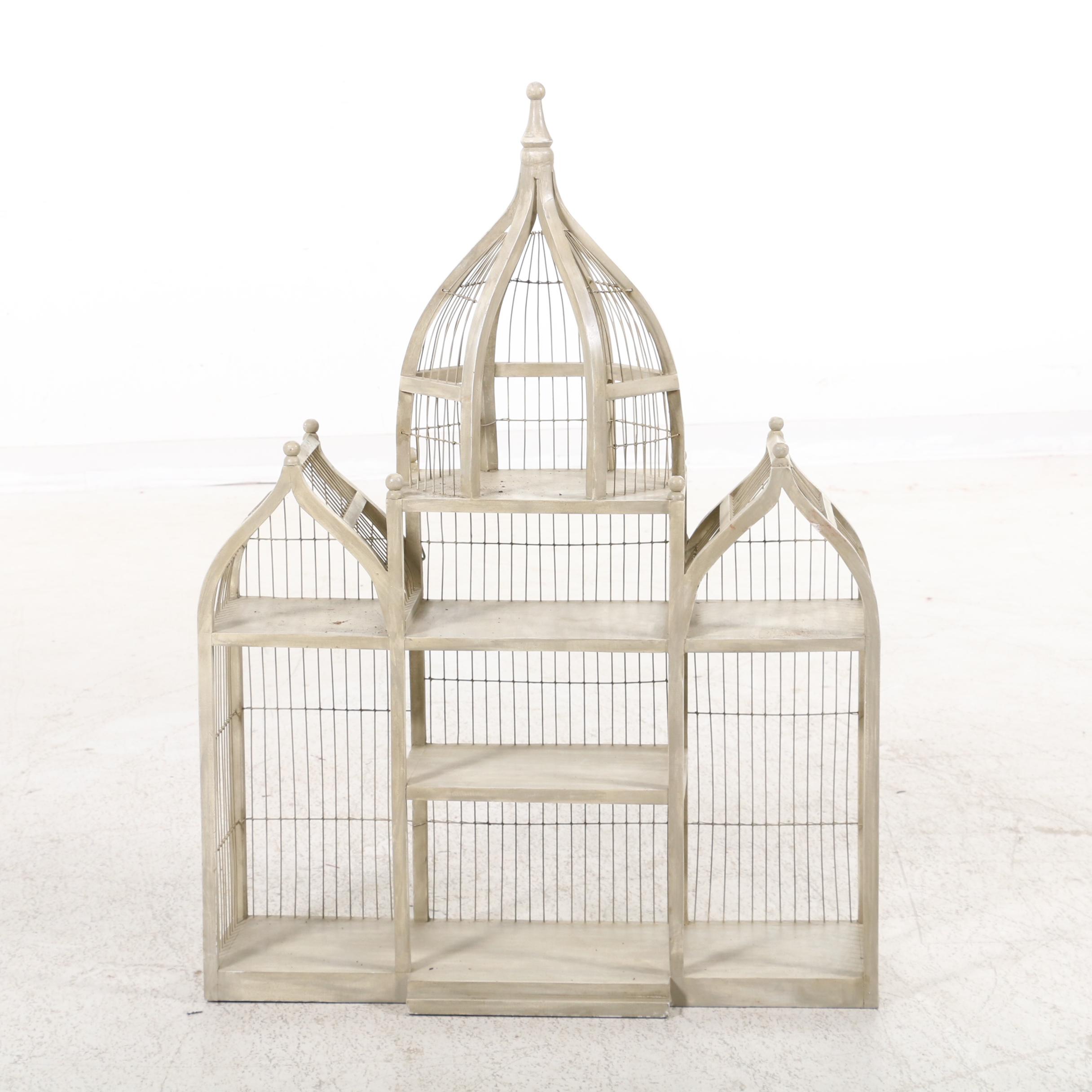 Victorian Style Painted Wood and Wire Bird Cage Wall Shelving Unit