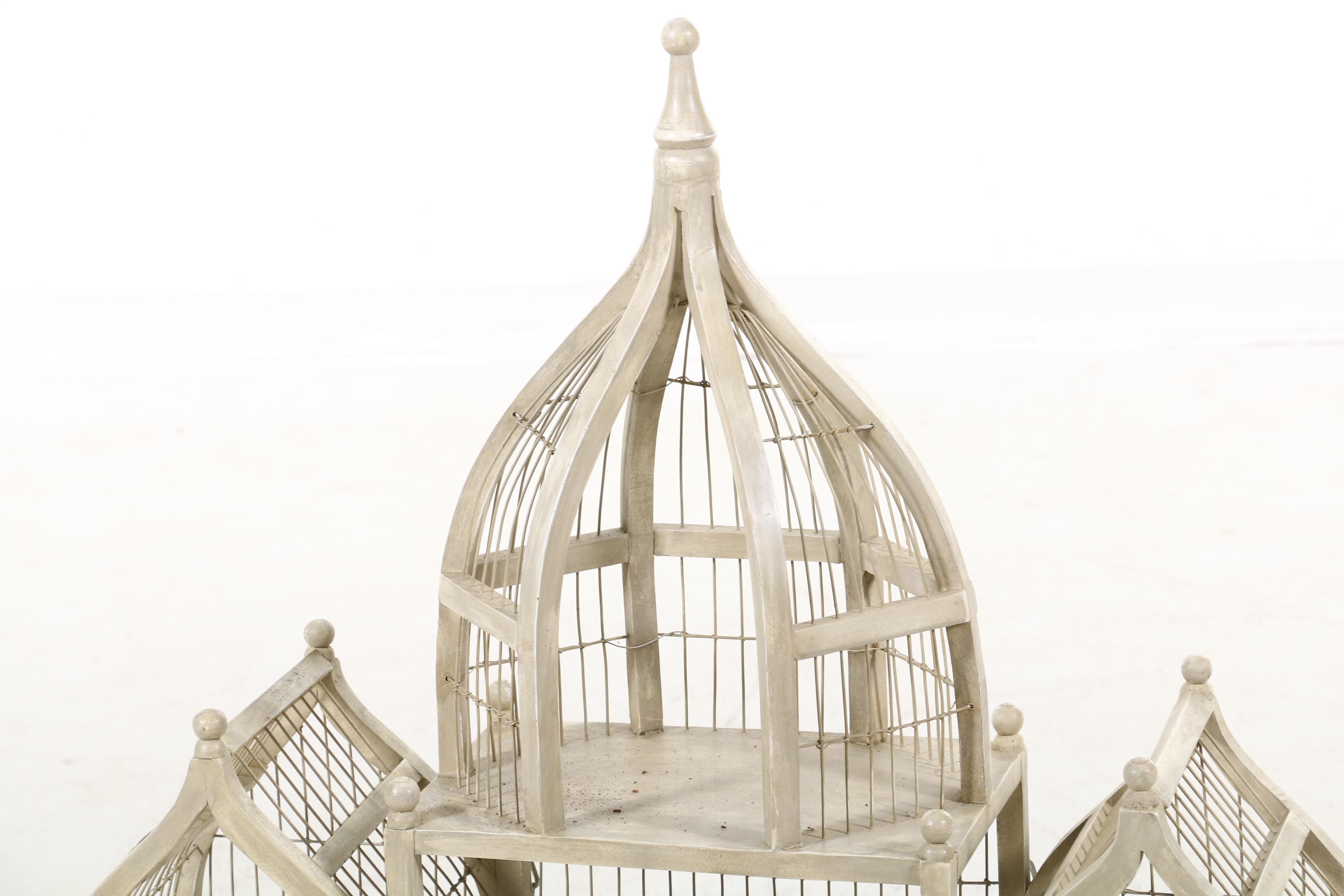 Victorian Style Painted Wood and Wire Bird Cage Wall Shelving Unit