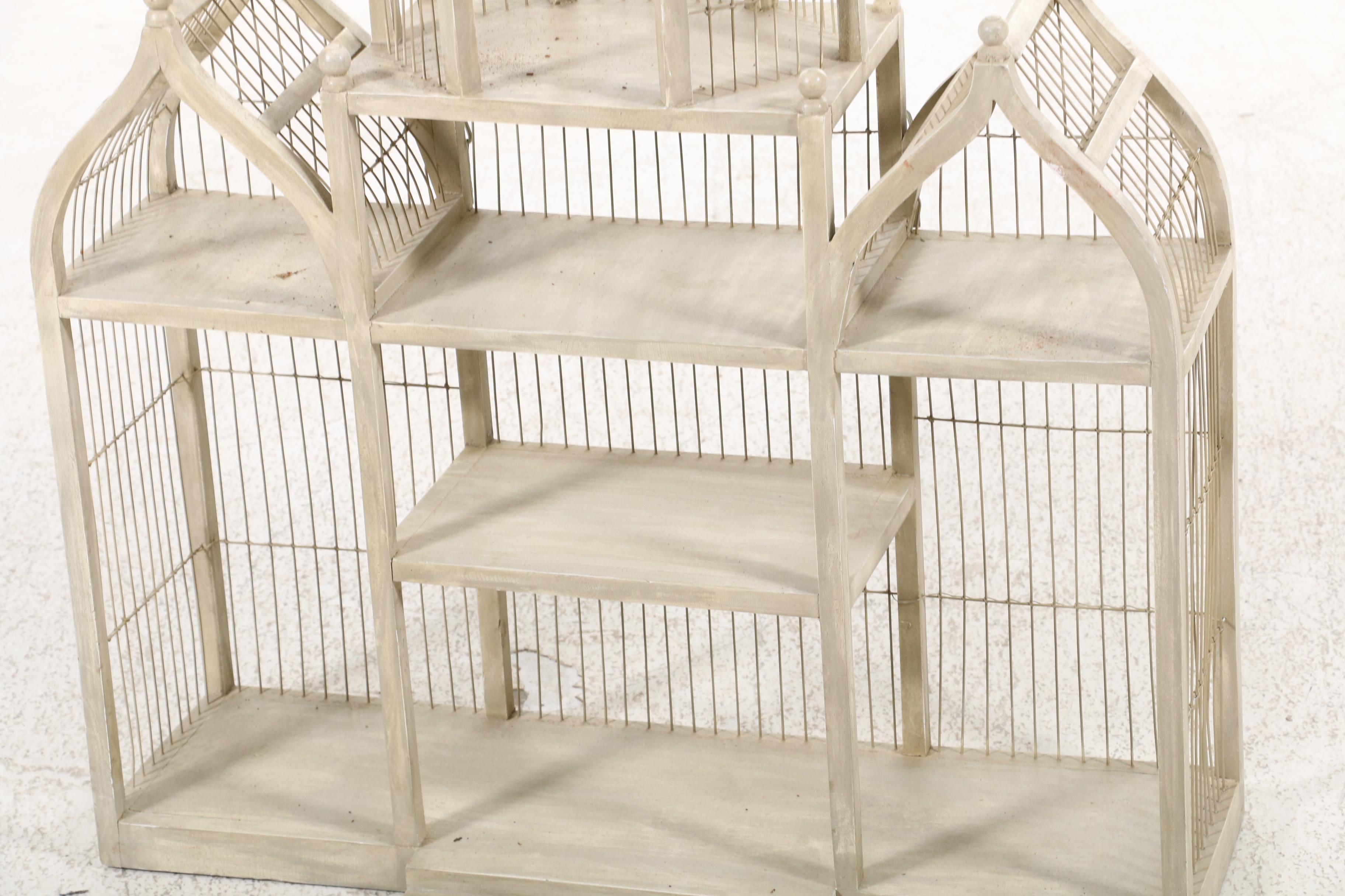 Victorian Style Painted Wood and Wire Bird Cage Wall Shelving Unit