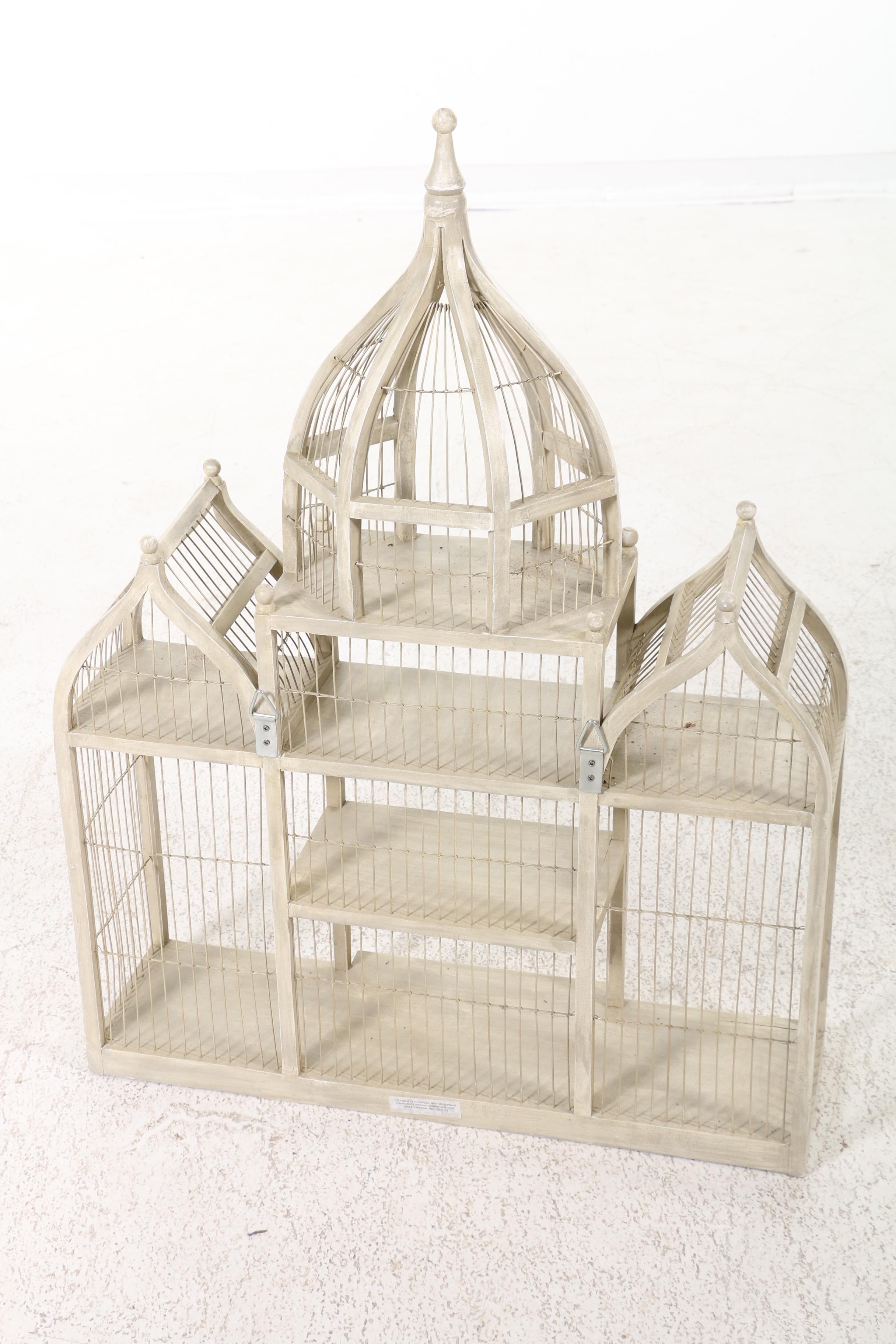 Victorian Style Painted Wood and Wire Bird Cage Wall Shelving Unit