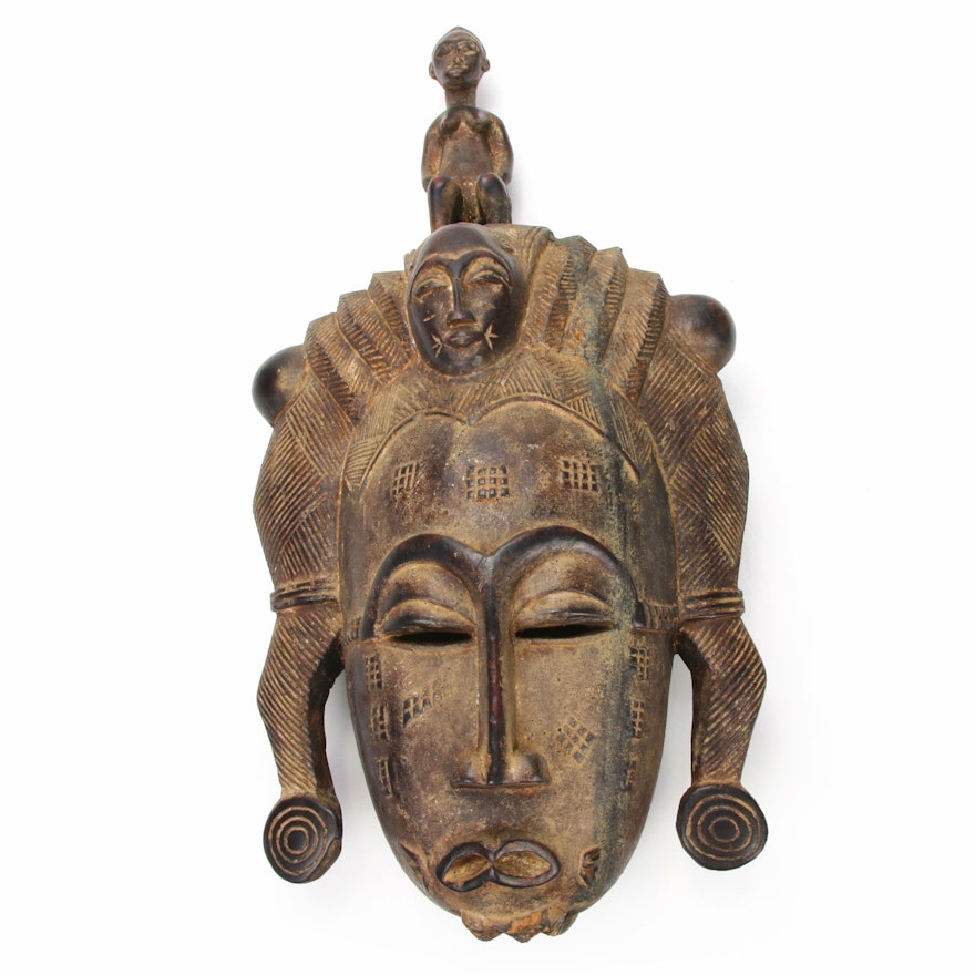 Baule Inspired Carved Wood Tripple-Faced Mask, Côte d'Ivoire