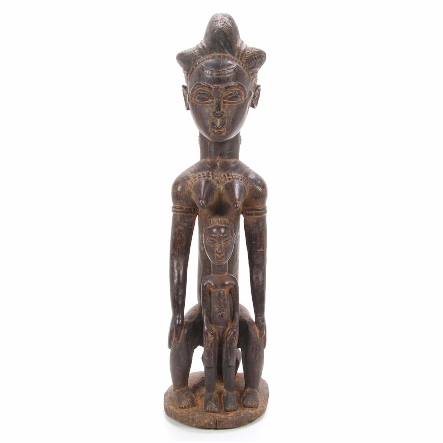 Baule Seated Maternity Figure with Child, West Africa