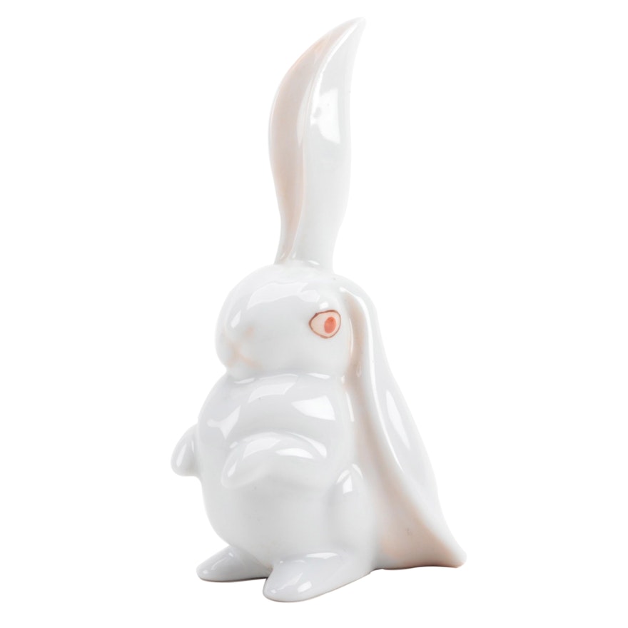 Herend White Glaze "Rabbit with One Ear Up" Porcelain Figurine