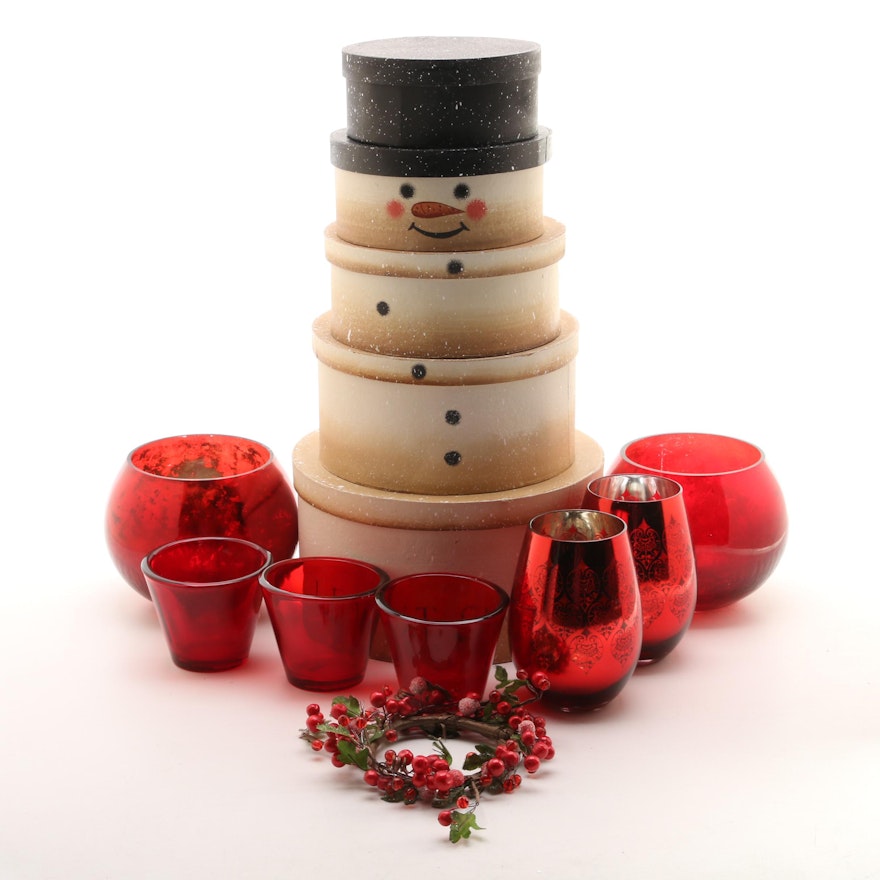 Glass Candle Votives with Stackable Snowman Boxes
