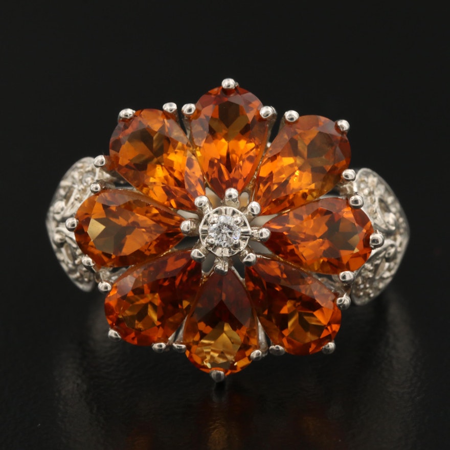 Sterling Citrine and Diamond Floral and Heart Ring