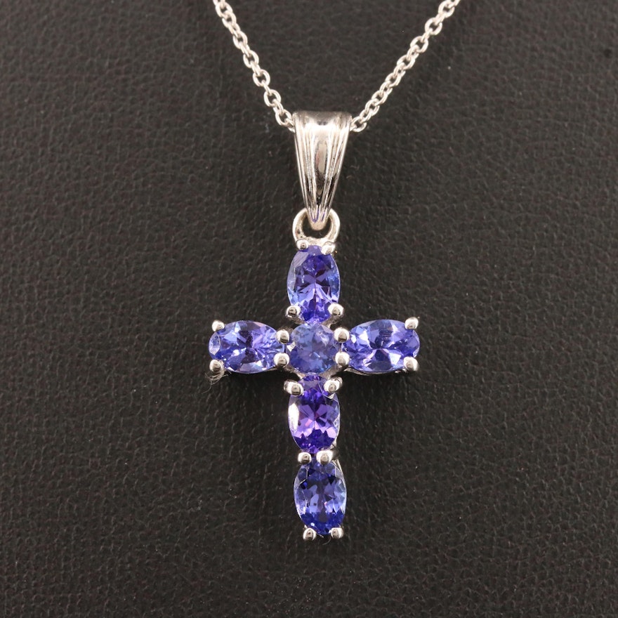 Sterling Silver Tanzanite Cross Pendant Necklace