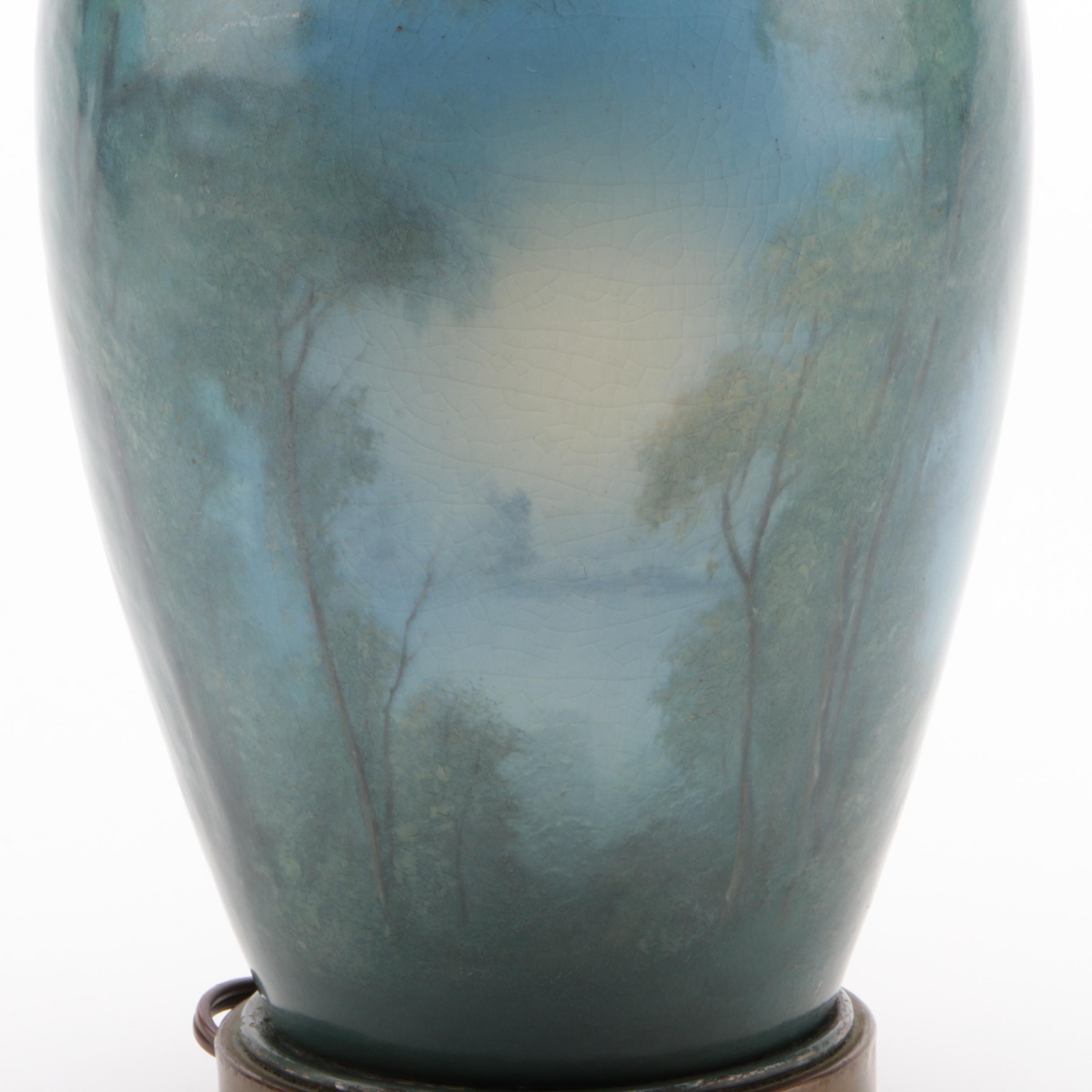 Edward George Diers for Rookwood Pottery Scenic Vellum Art Converted Lamp, 1918