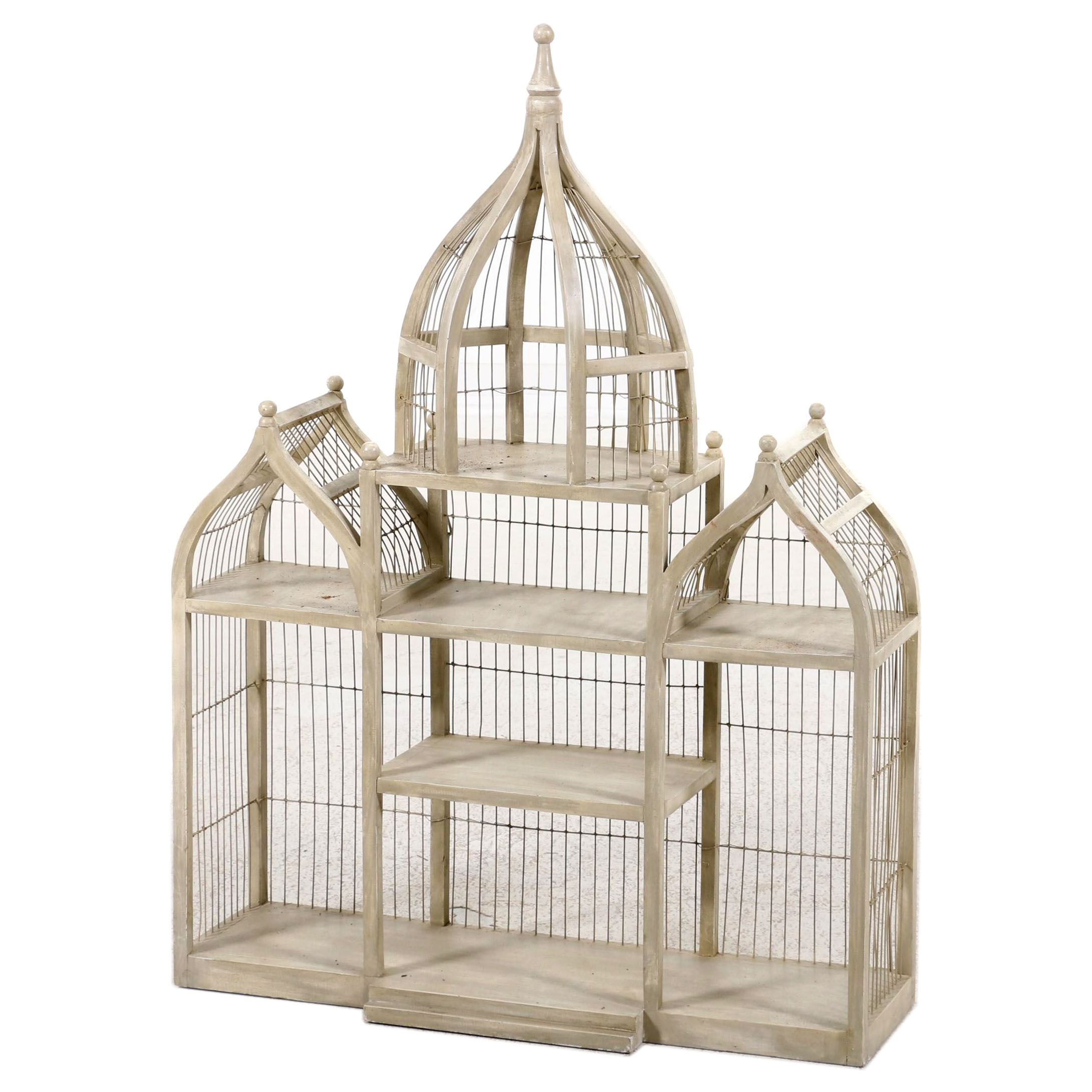 Victorian Style Painted Wood and Wire Bird Cage Wall Shelving Unit