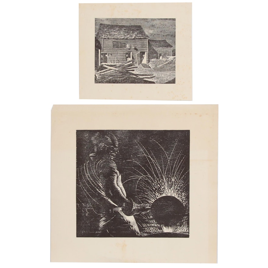 Joseph Di Gemma American Regionalist Style Relief Prints, Mid 20th Century