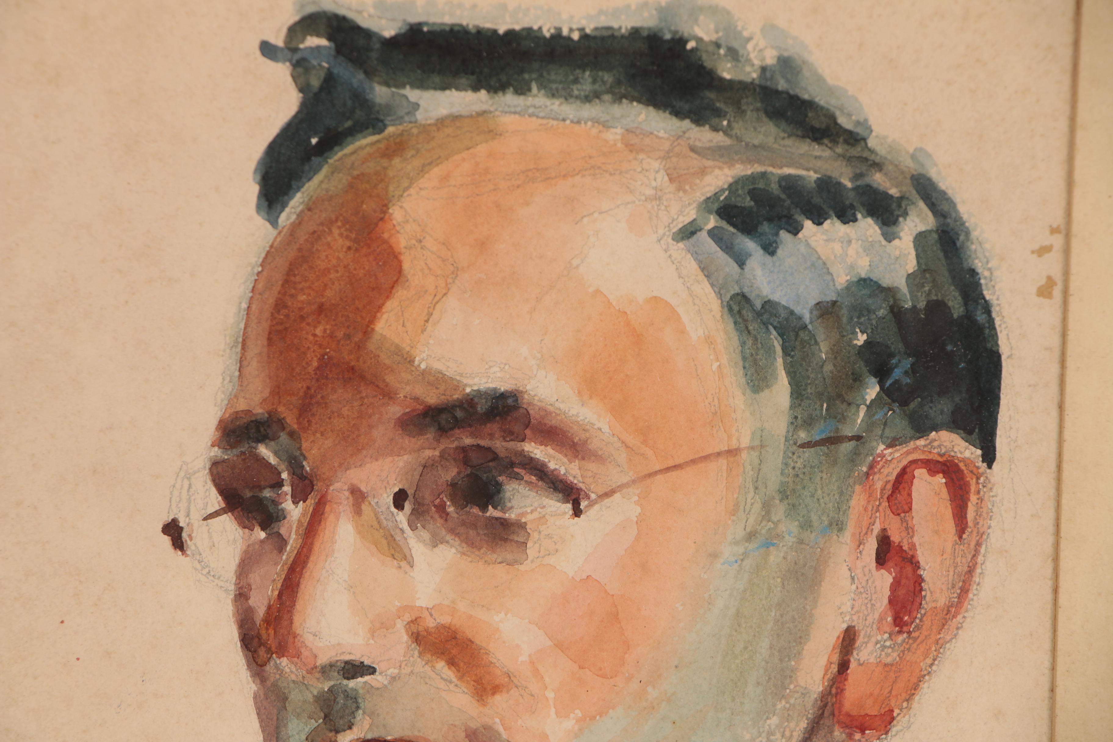 Robert Whitmore Watercolor Painting of Man with Glasses, Circa 1940